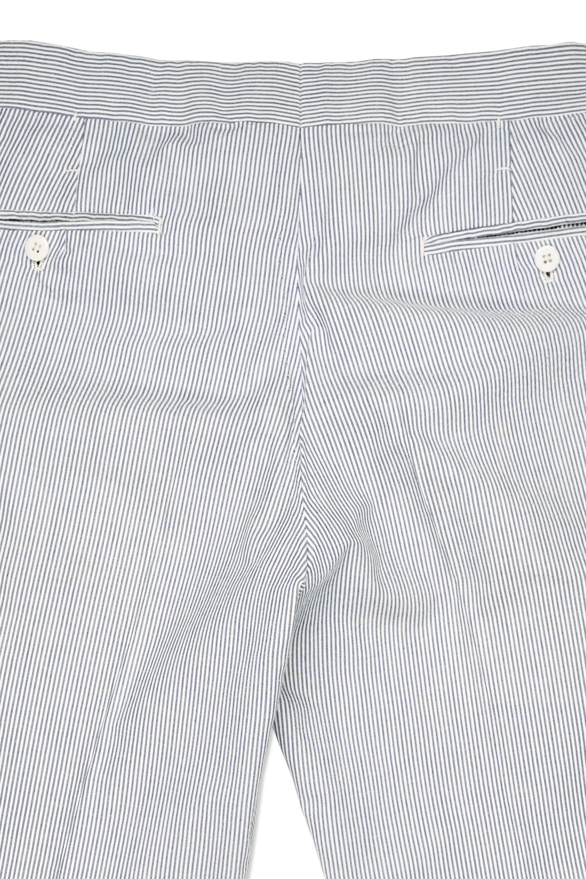 Ambrosi Napoli White/Blue Stripe Seersucker Cotton Double Pleat Trousers Bespoke