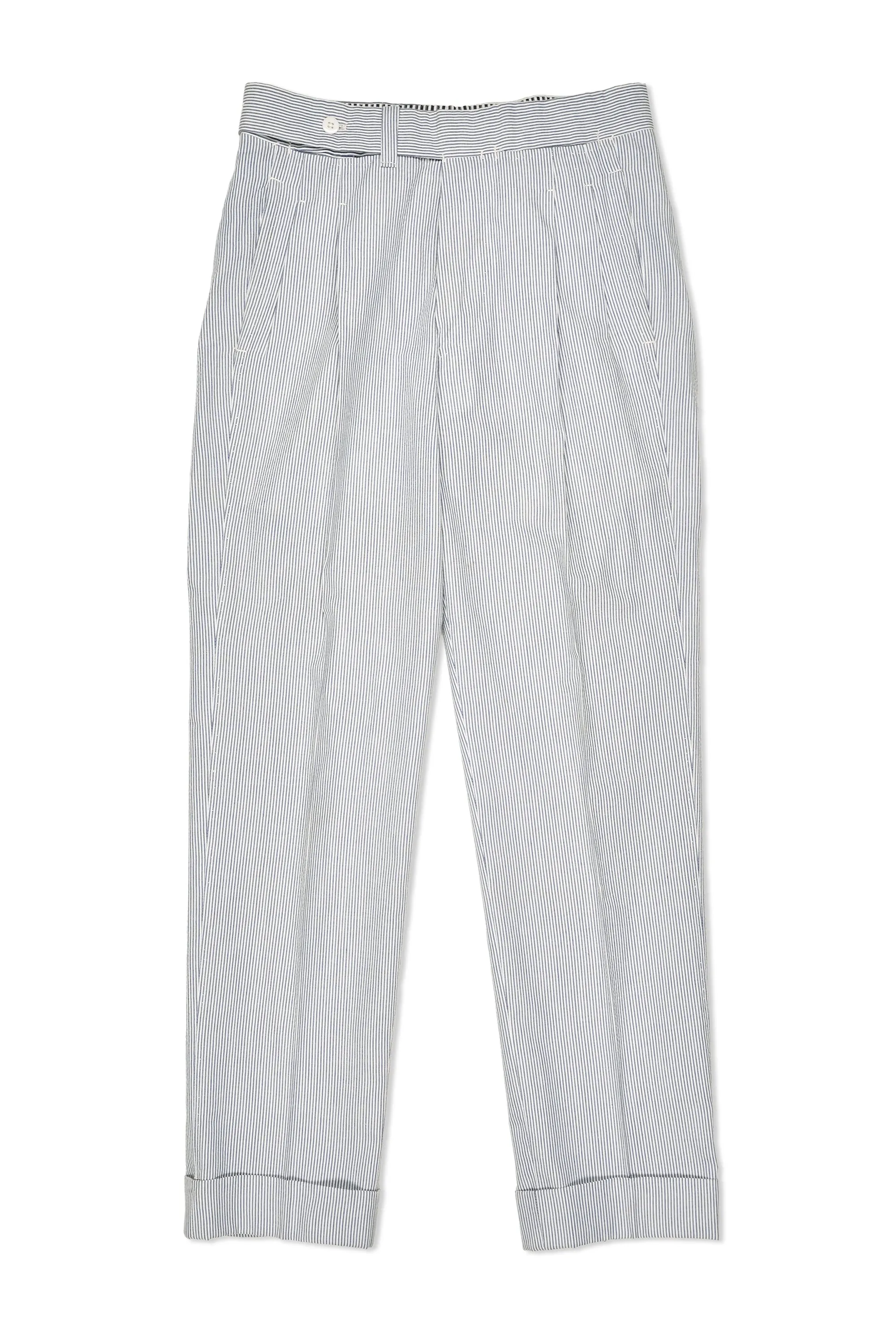 Ambrosi Napoli White/Blue Stripe Seersucker Cotton Double Pleat Trousers Bespoke