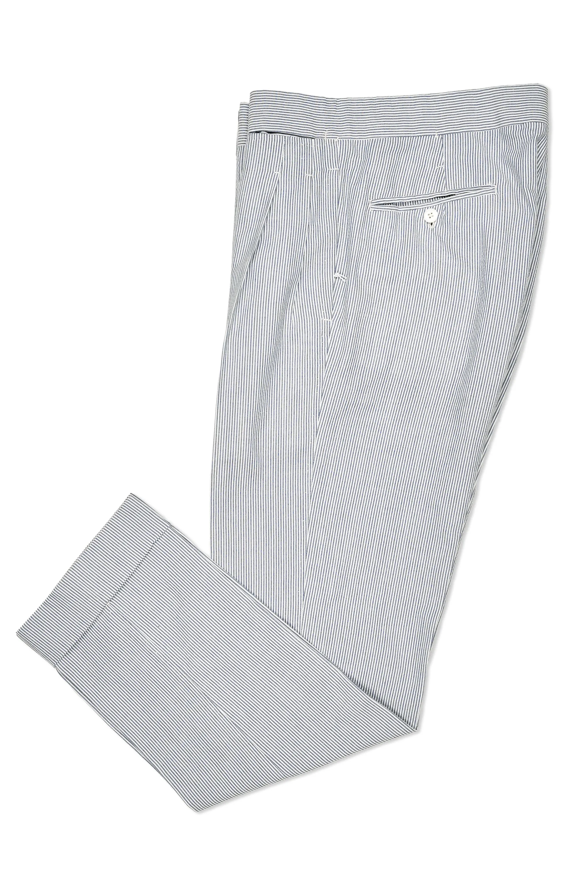 Ambrosi Napoli White/Blue Stripe Seersucker Cotton Double Pleat Trousers Bespoke
