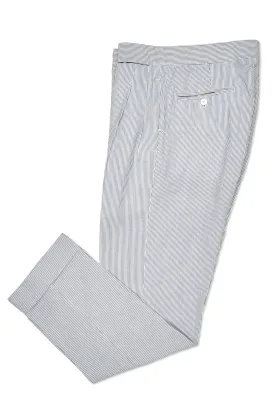 Ambrosi Napoli White/Blue Stripe Seersucker Cotton Double Pleat Trousers Bespoke