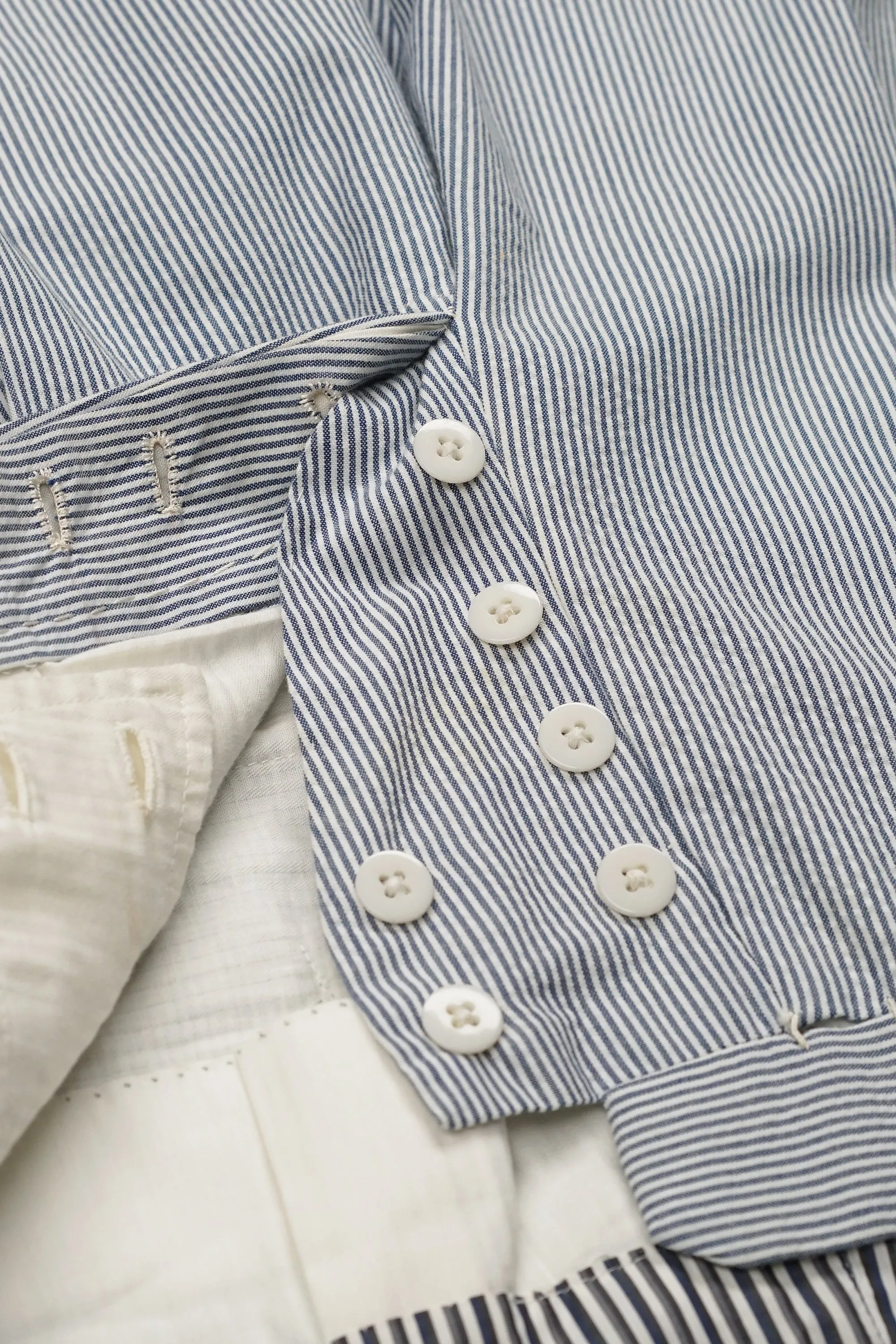 Ambrosi Napoli White/Blue Stripe Seersucker Cotton Double Pleat Trousers Bespoke