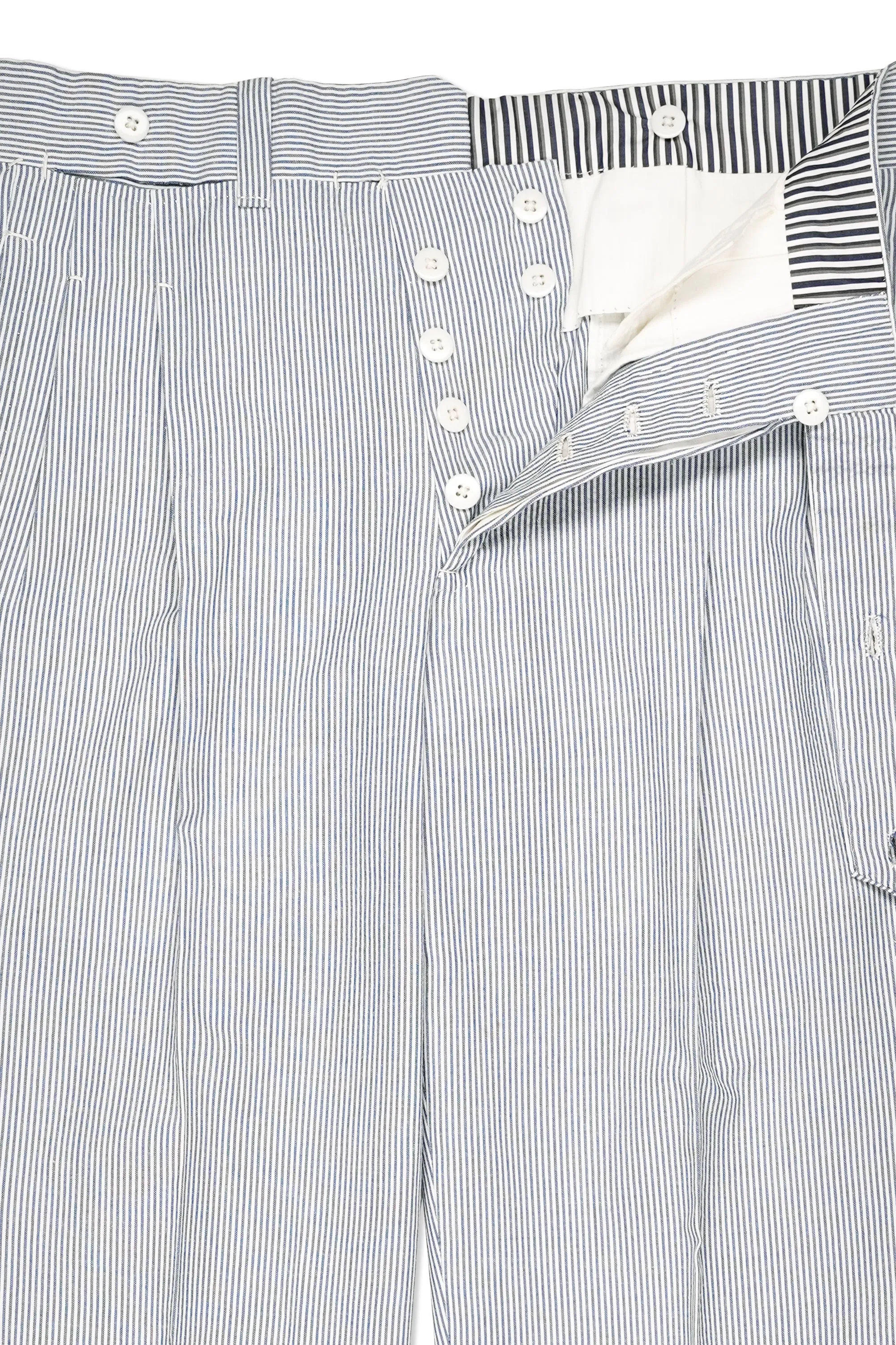 Ambrosi Napoli White/Blue Stripe Seersucker Cotton Double Pleat Trousers Bespoke