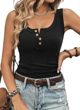 ATHMILE Women Tank Tops Summer Casual Ribbed Sleeveless Basic Cami Top Slim Henley Button Down Blouses Beach