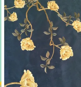 Blue Wall artwork Chinoiserie Flower painted on Silk Embroidery Wall Decal