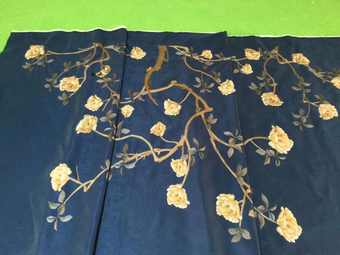 Blue Wall artwork Chinoiserie Flower painted on Silk Embroidery Wall Decal