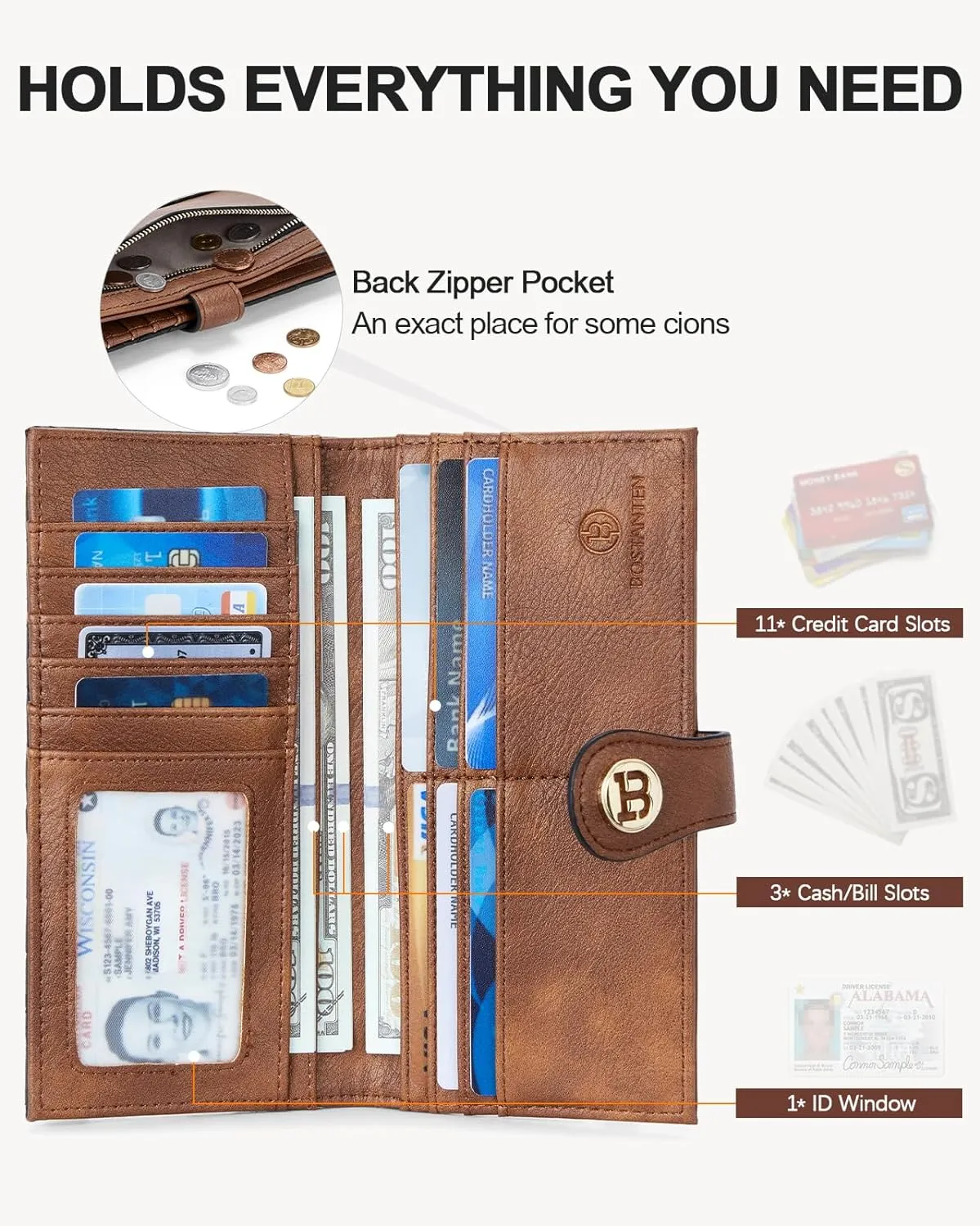 BOSTANTEN Slim Wallet Women Leather RFID Blocking Credit Card Holder Bifold Thin Wallet with Zipper Pocket BlackBrown