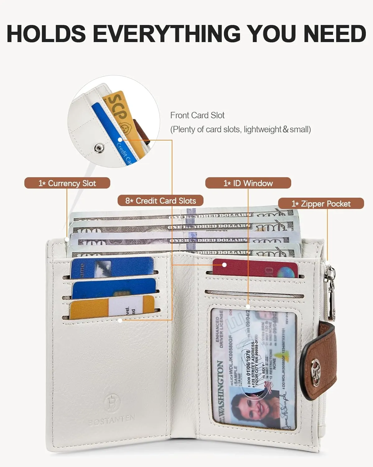 BOSTANTEN Small Wallet for Women Leather RFID Blocking Card Holder Bifold Compact Wallets With Zipper Coin Pocket BrownWhite