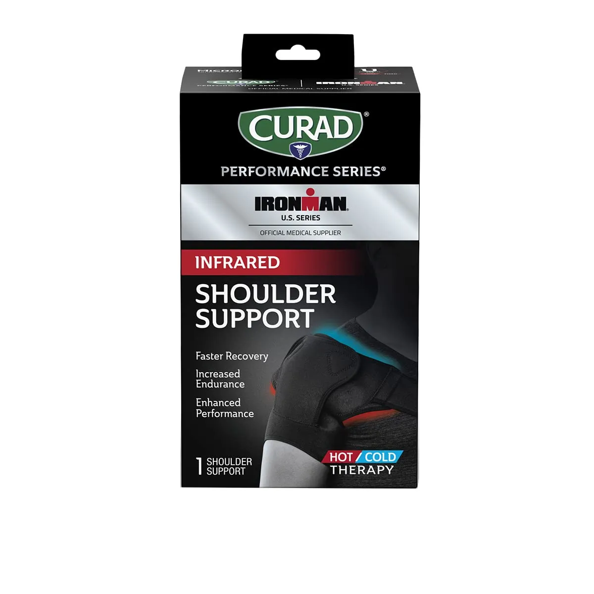 CURAD Performance Series IRONMAN Infrared Shoulder Support with Hot/Cold Therapy, Elastic, Adjustable Brace with Removable Reusable Gel Compress for Pain Management, Fits Right or Left Shoulder