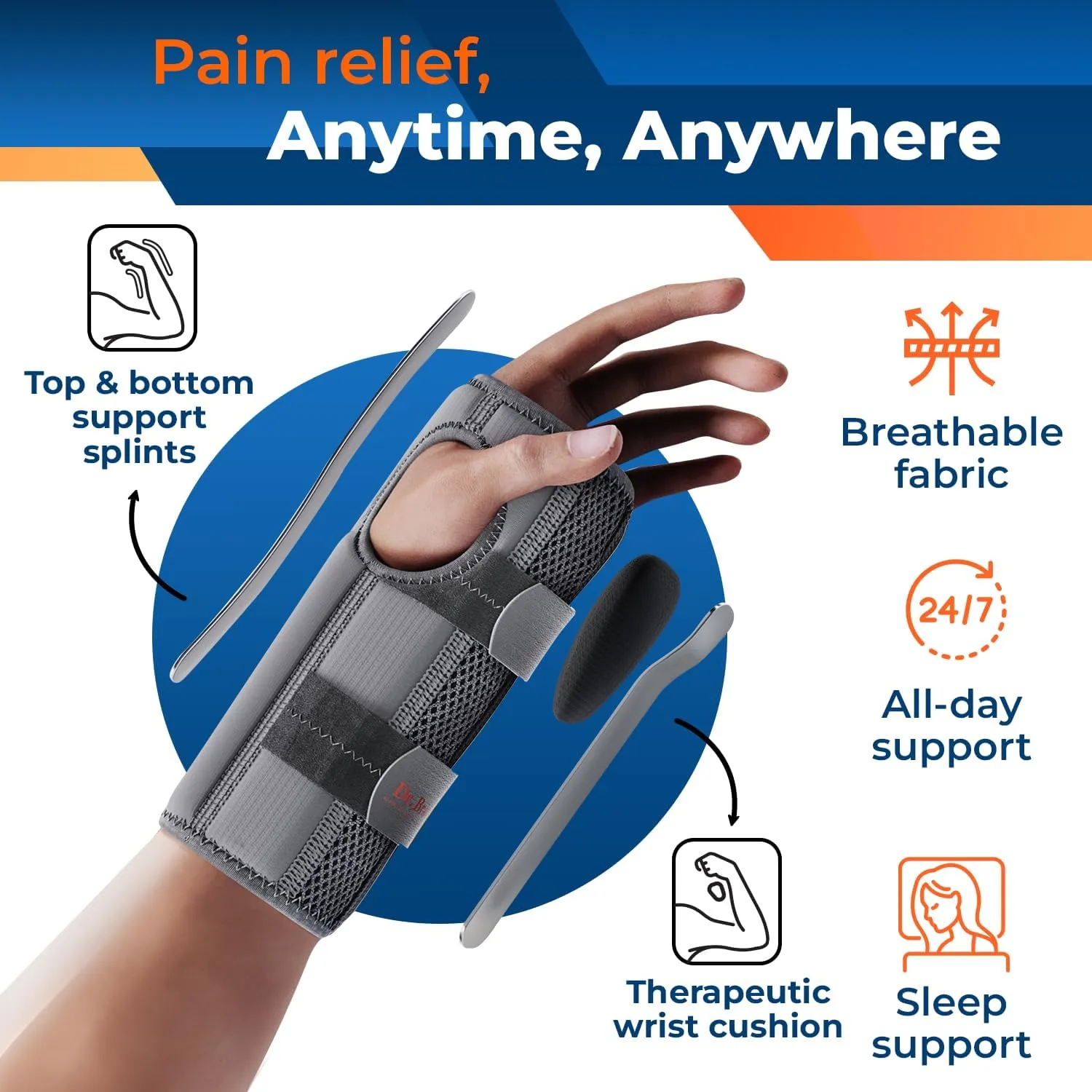 DR. BRACE Adjustable Wrist Brace Night Support for Carpal Tunnel, FSA & HSA Eligible, Doctor Developed, Upgraded with Double Splint & Therapeutic Cushion, Hand Brace For Pain Relief, Injuries, Sprains
