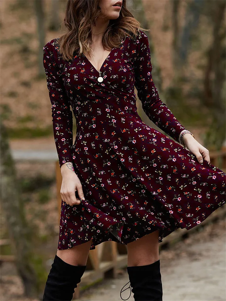 Flytonn-Graduation Gift Back to School Season Summer Vacation Dress Spring Outfit Dress Floral Long Sleeve V-neck Dress Big Swing Dress