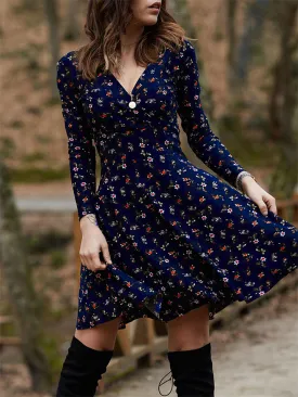 Flytonn-Graduation Gift Back to School Season Summer Vacation Dress Spring Outfit Dress Floral Long Sleeve V-neck Dress Big Swing Dress