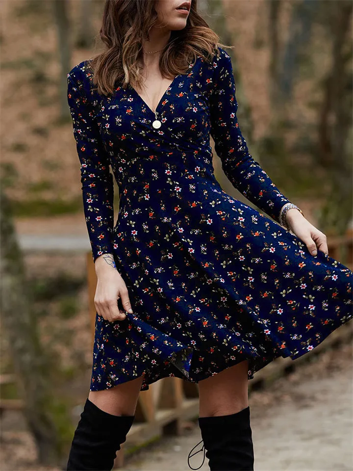 Flytonn-Graduation Gift Back to School Season Summer Vacation Dress Spring Outfit Dress Floral Long Sleeve V-neck Dress Big Swing Dress