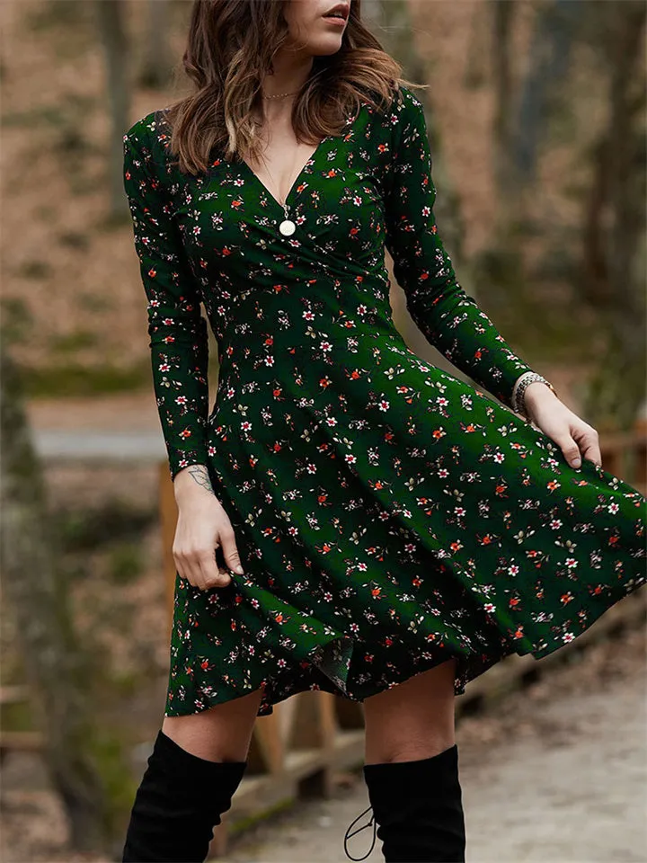 Flytonn-Graduation Gift Back to School Season Summer Vacation Dress Spring Outfit Dress Floral Long Sleeve V-neck Dress Big Swing Dress
