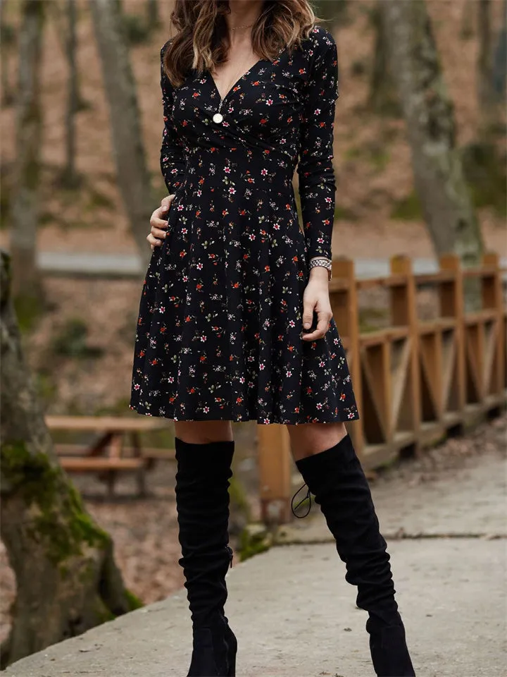 Flytonn-Graduation Gift Back to School Season Summer Vacation Dress Spring Outfit Dress Floral Long Sleeve V-neck Dress Big Swing Dress