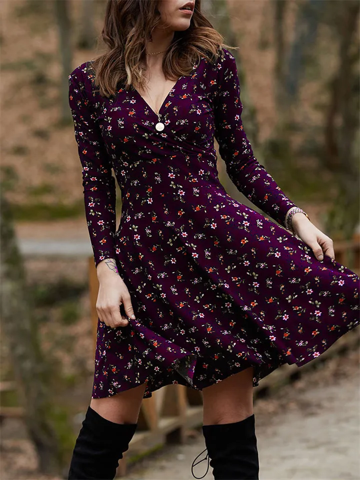 Flytonn-Graduation Gift Back to School Season Summer Vacation Dress Spring Outfit Dress Floral Long Sleeve V-neck Dress Big Swing Dress