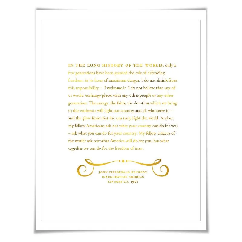 John Fitzgerald Kennedy Gold Foil Art Print. 7 Foil Colours. Graduation Gift. American History JFK Inauguration Speech