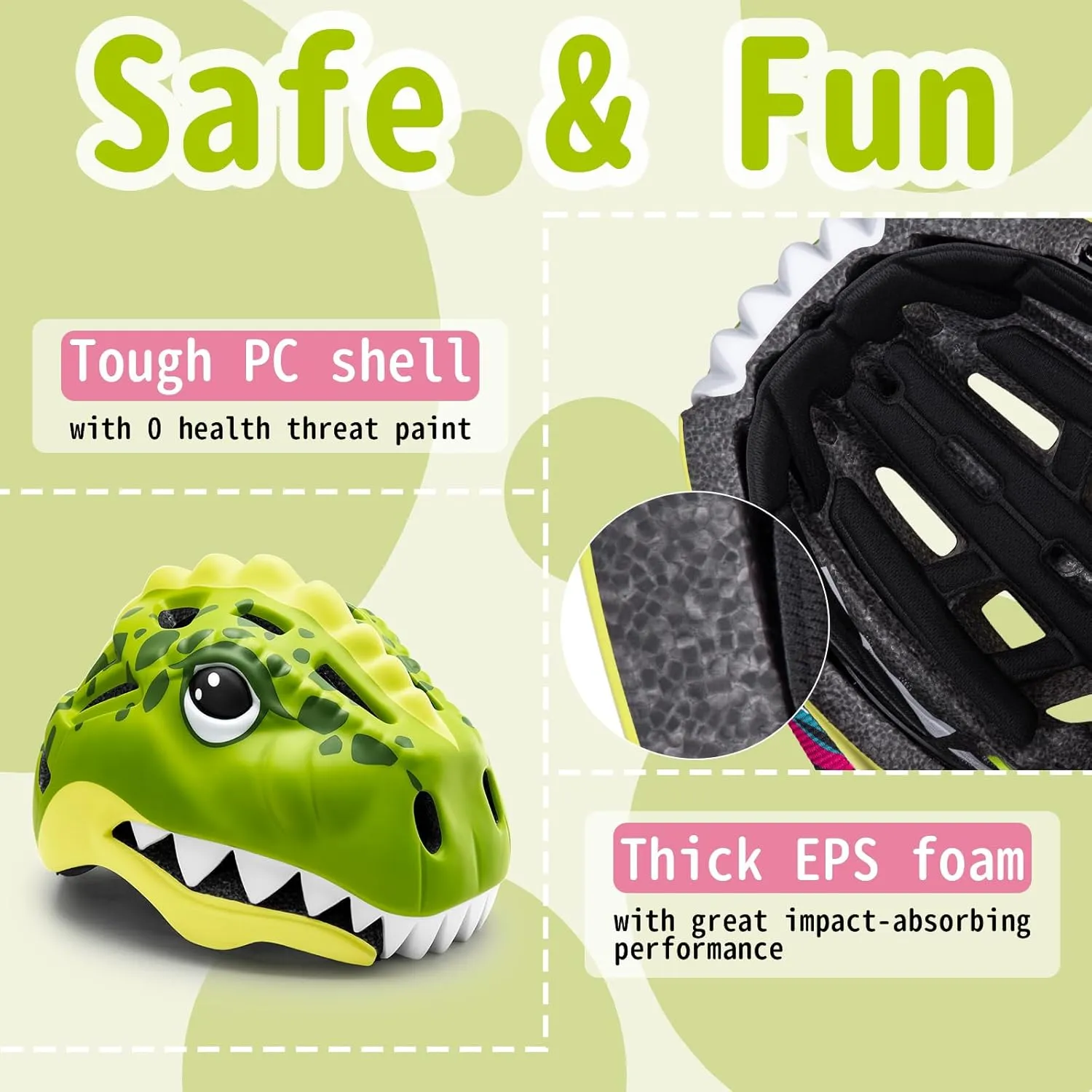 KINGBIKE Toddler Kids Bike Helmet 2-3-5-8 Years Size Adjustable 3D Dinosaur with Led Light for Skateboard Scooter Cycling Skaterolling 48-52cm