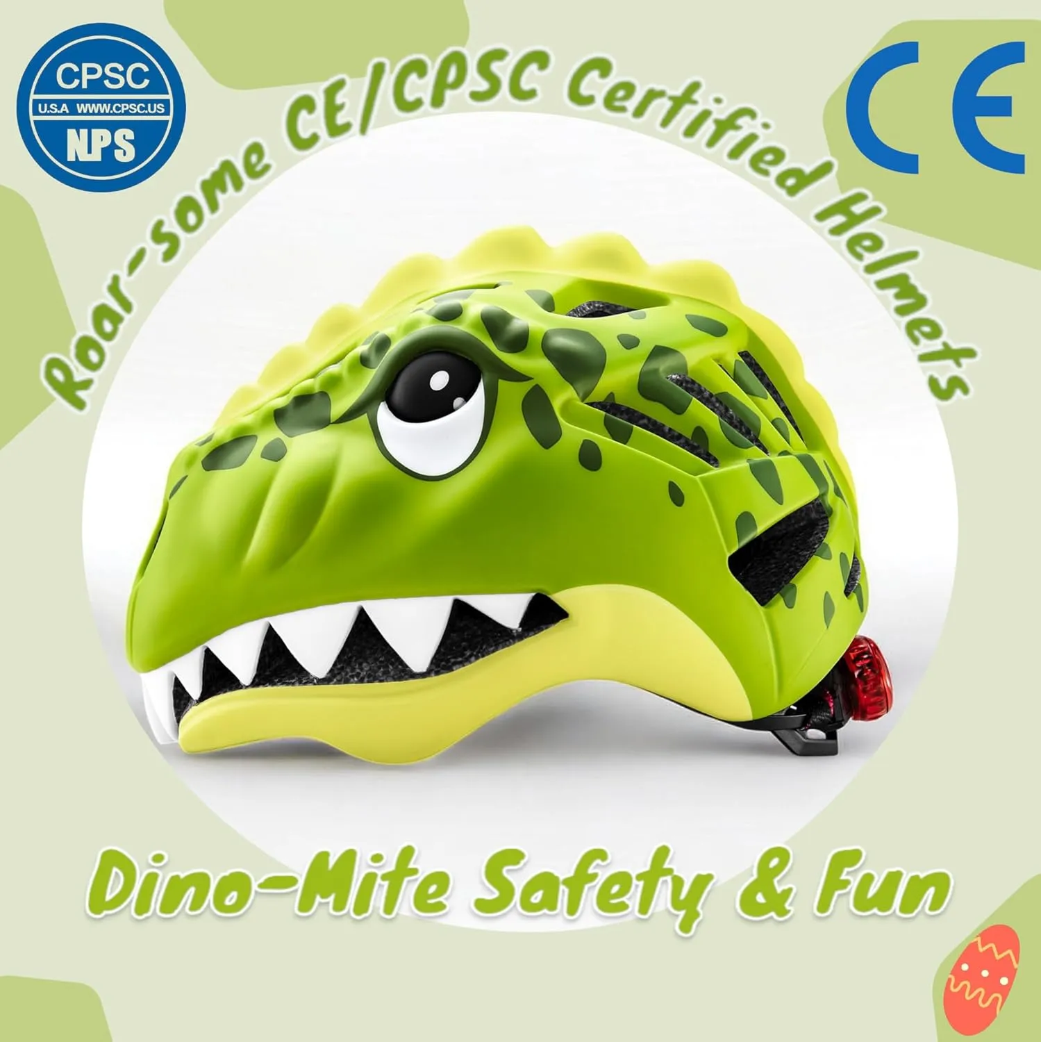 KINGBIKE Toddler Kids Bike Helmet 2-3-5-8 Years Size Adjustable 3D Dinosaur with Led Light for Skateboard Scooter Cycling Skaterolling 48-52cm