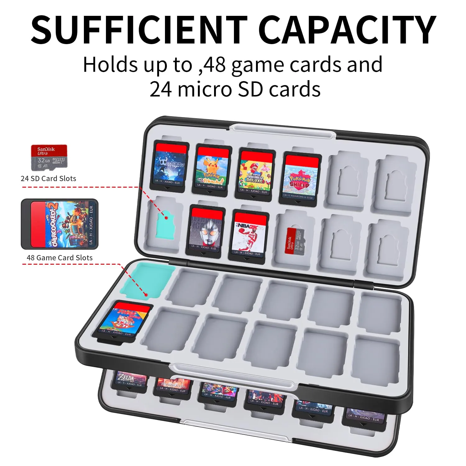 MOSAHOLL Switch Game Card Case Holder - Portable Game Organizer Traveler Gift Accessories with 48 Cartridge Slots and 24 Micro SD Card Storage, Magnetic Closure, Protective Hard Shell and Soft Lining