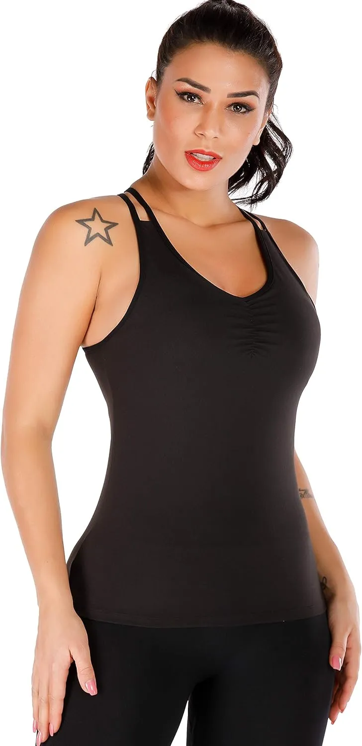 RUNNING GIRL Yoga Tank Tops for Women Built in Shelf Bra B/C Cups Strappy Back Activewear Workout Compression Tops