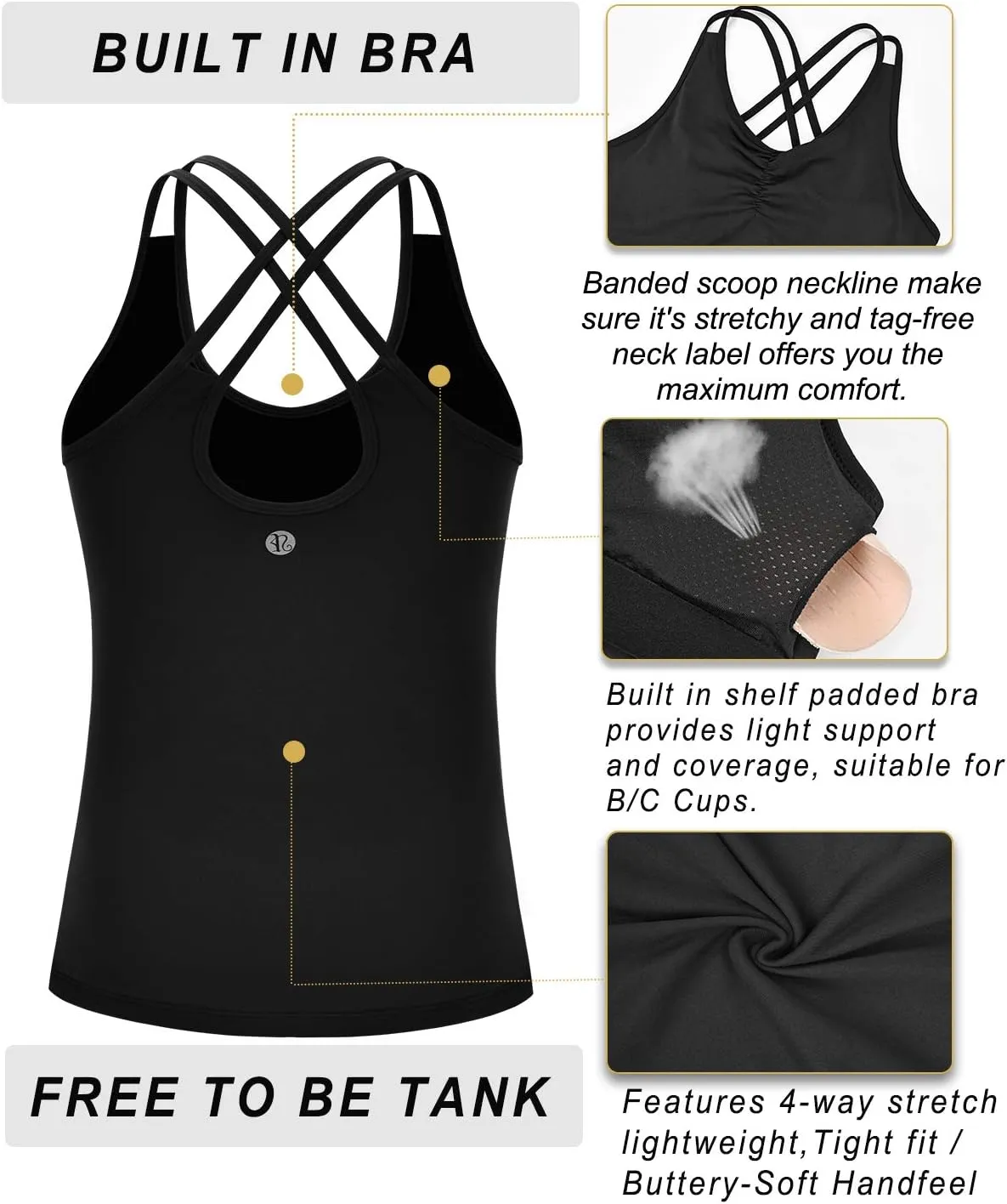 RUNNING GIRL Yoga Tank Tops for Women Built in Shelf Bra B/C Cups Strappy Back Activewear Workout Compression Tops