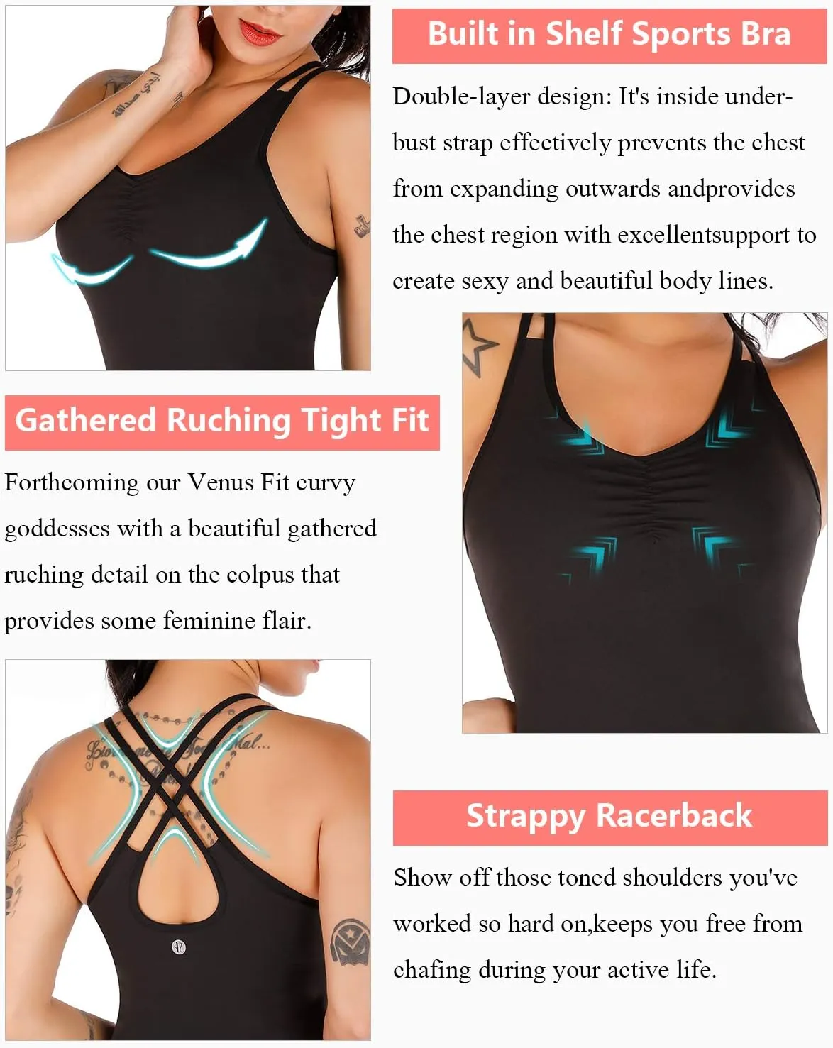 RUNNING GIRL Yoga Tank Tops for Women Built in Shelf Bra B/C Cups Strappy Back Activewear Workout Compression Tops