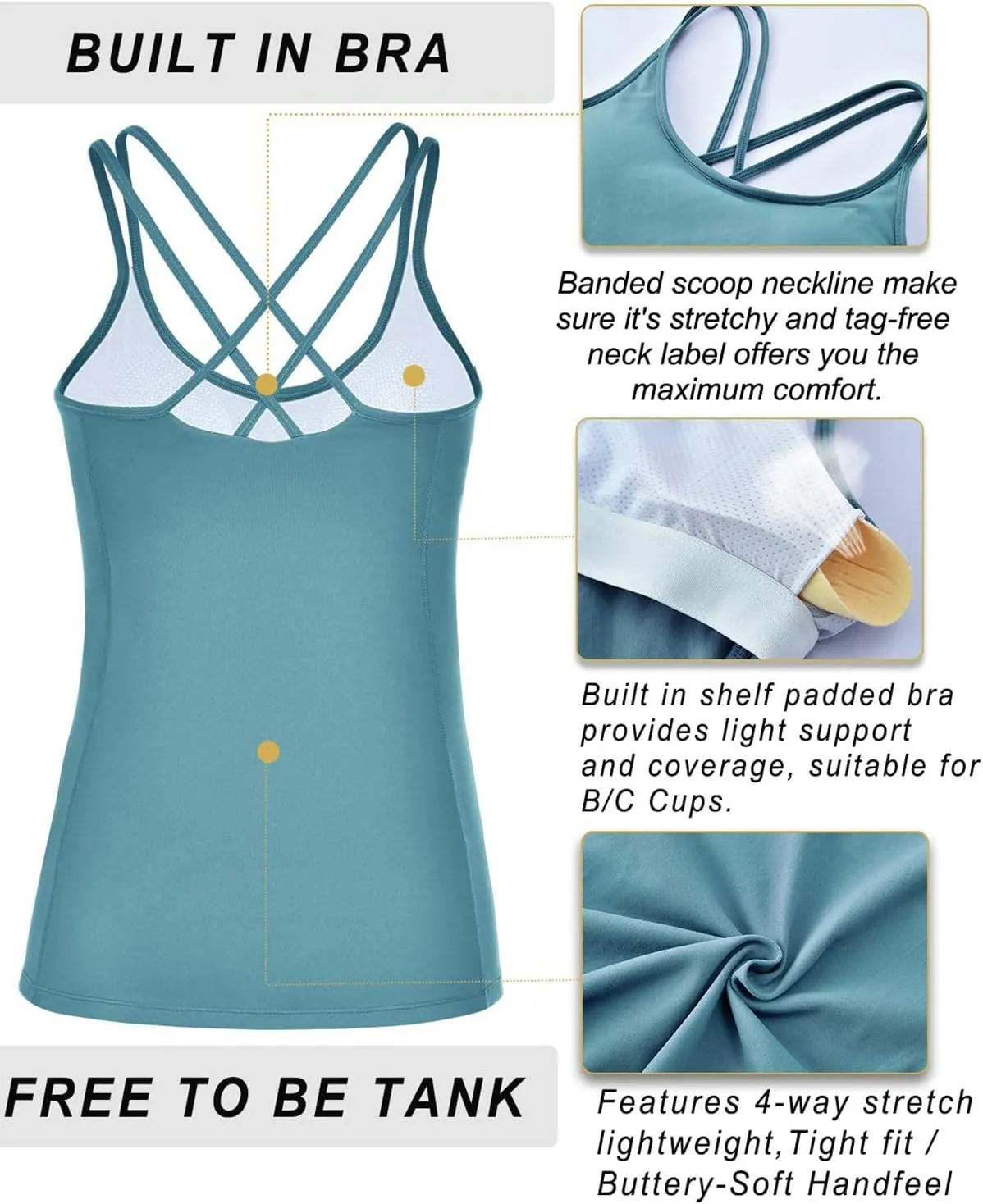 RUNNING GIRL Yoga Tank Tops for Women Built in Shelf Bra B/C Cups Strappy Back Activewear Workout Compression Tops