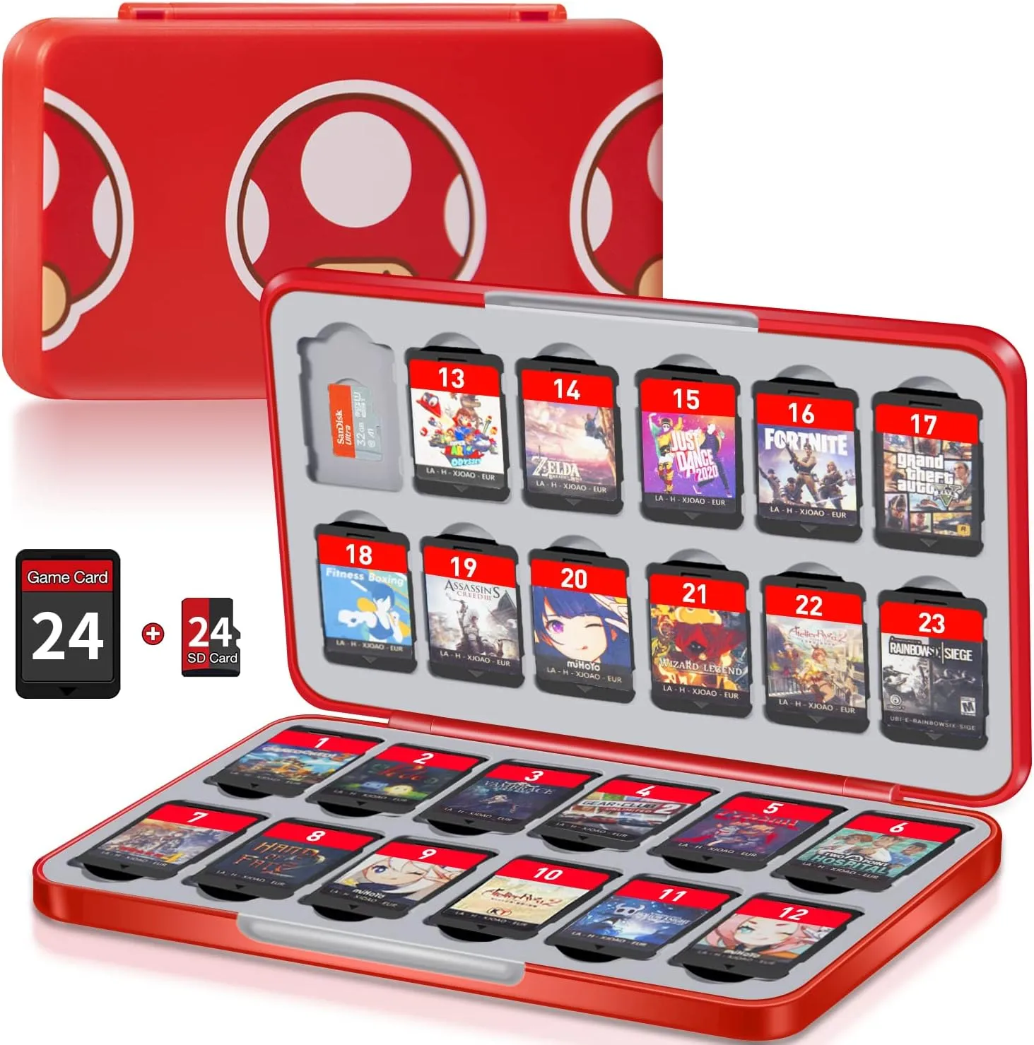 Switch Game Case Holder with 24 Cartridge Slots and 24 Micro SD Card Storage, Slim Portable Game Organizer Traveler Gift Accessories with Magnetic Closure, Protective Hard Shell and Soft Lining