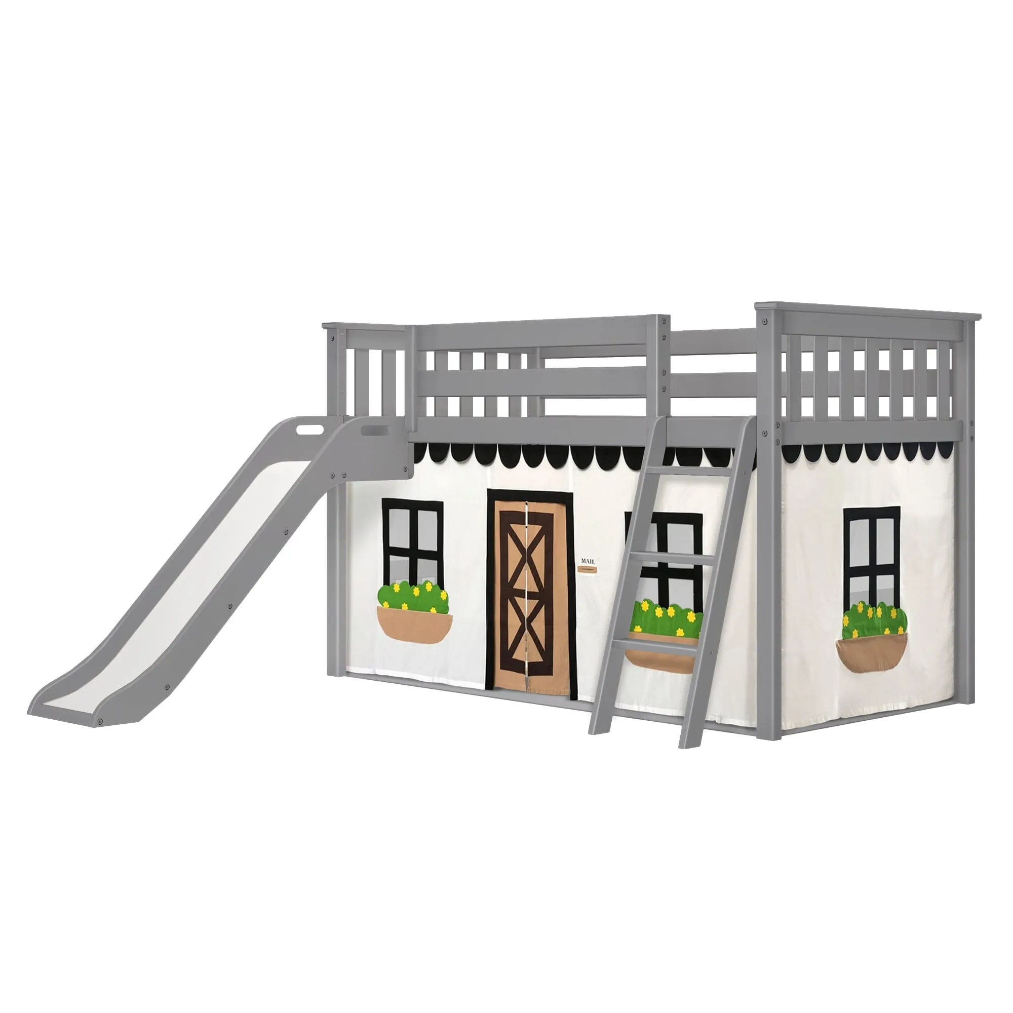 Twin Over Twin Low Bunk Bed with Easy Slide & Black & White Farmhouse Curtain