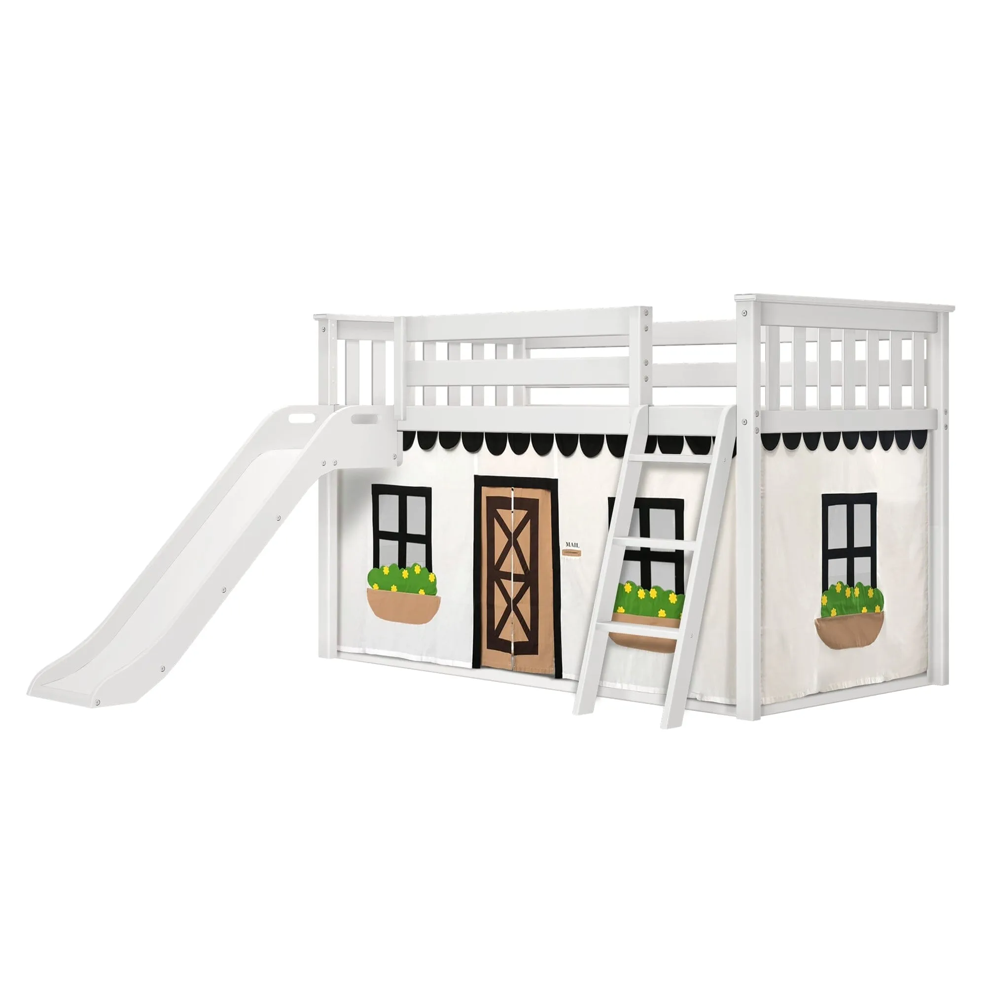 Twin Over Twin Low Bunk Bed with Easy Slide & Black & White Farmhouse Curtain