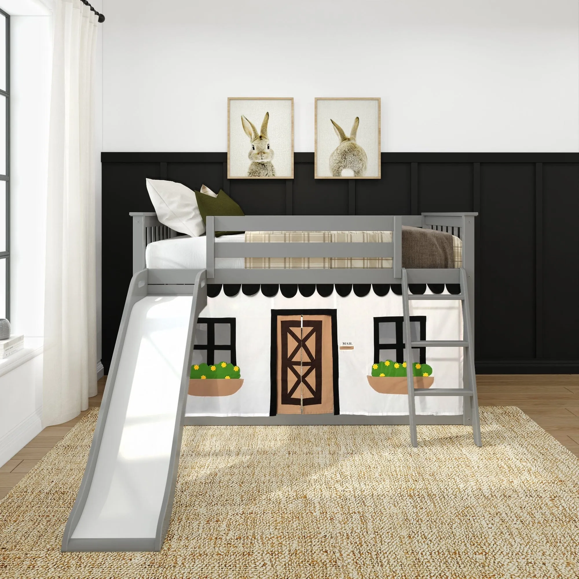 Twin Over Twin Low Bunk Bed with Easy Slide & Black & White Farmhouse Curtain