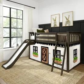 Twin Over Twin Low Bunk Bed with Easy Slide & Black & White Farmhouse Curtain
