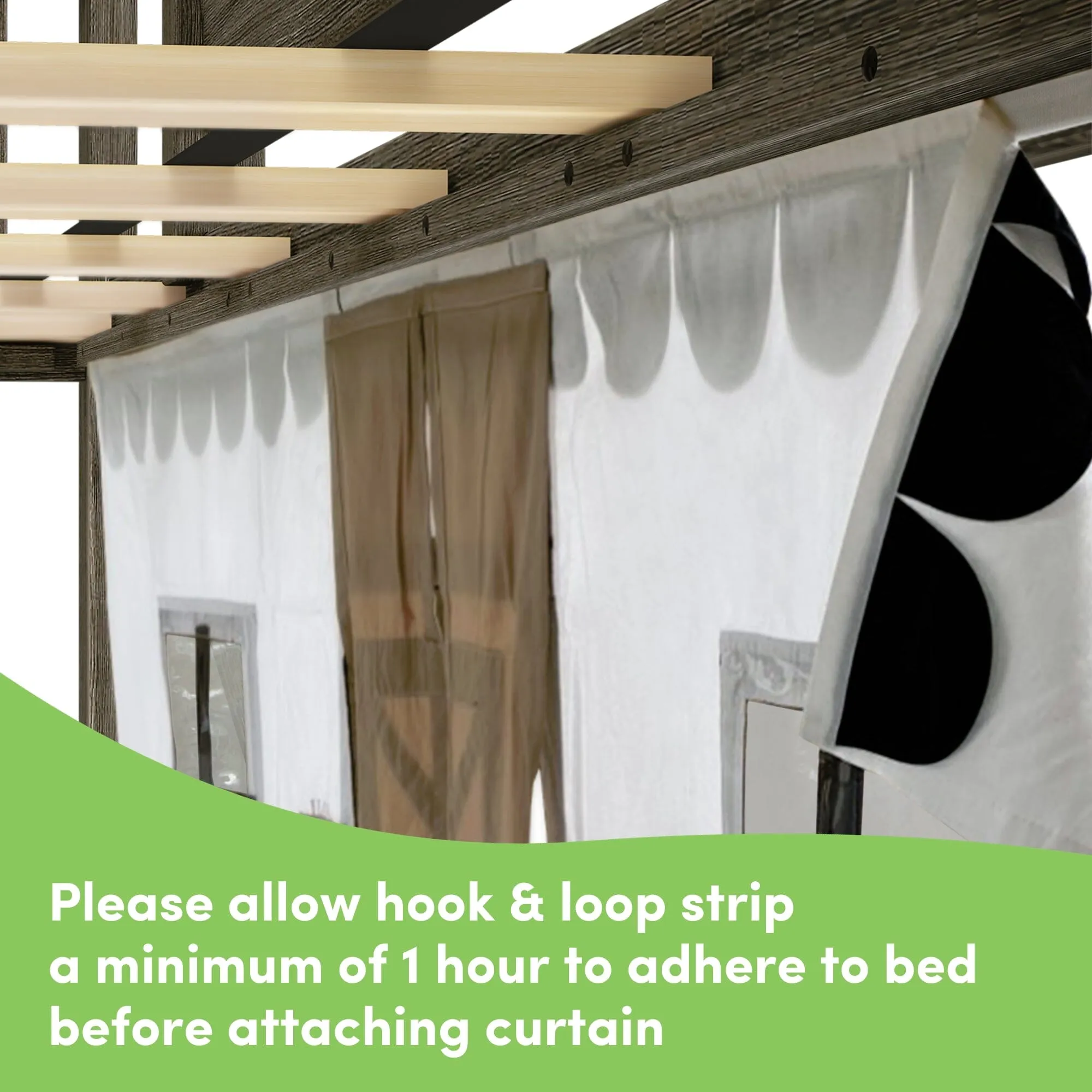 Twin Over Twin Low Bunk Bed with Easy Slide & Black & White Farmhouse Curtain
