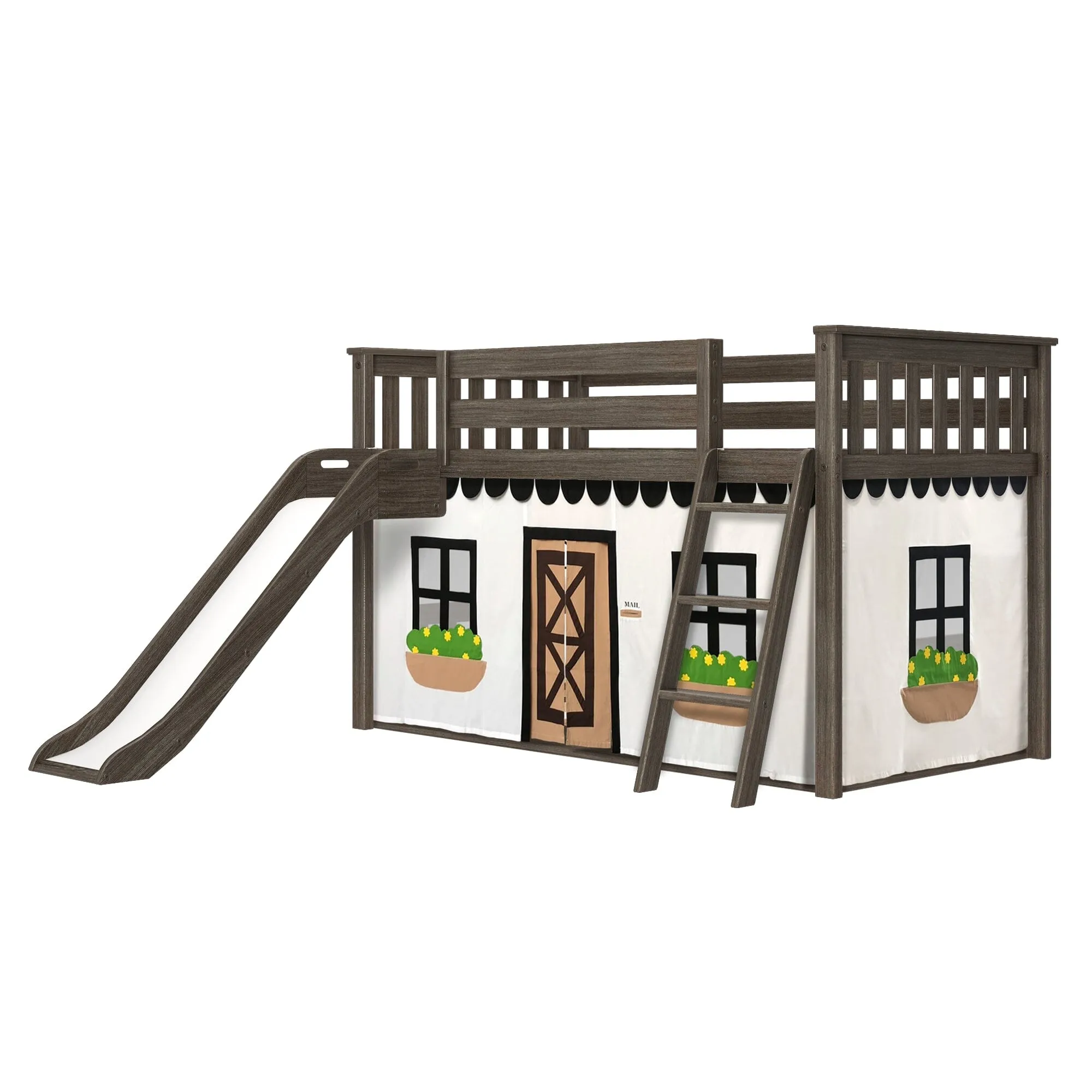 Twin Over Twin Low Bunk Bed with Easy Slide & Black & White Farmhouse Curtain
