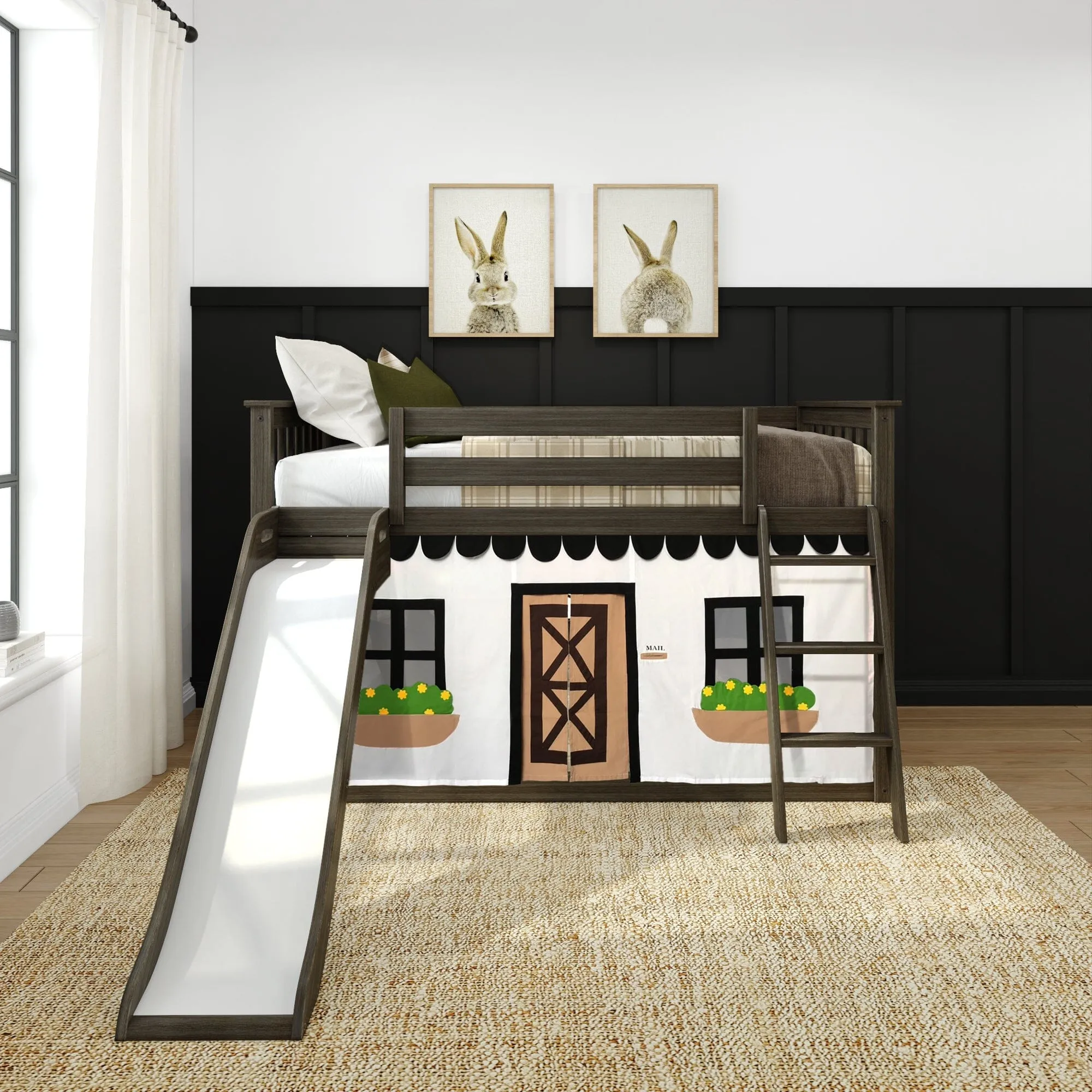Twin Over Twin Low Bunk Bed with Easy Slide & Black & White Farmhouse Curtain