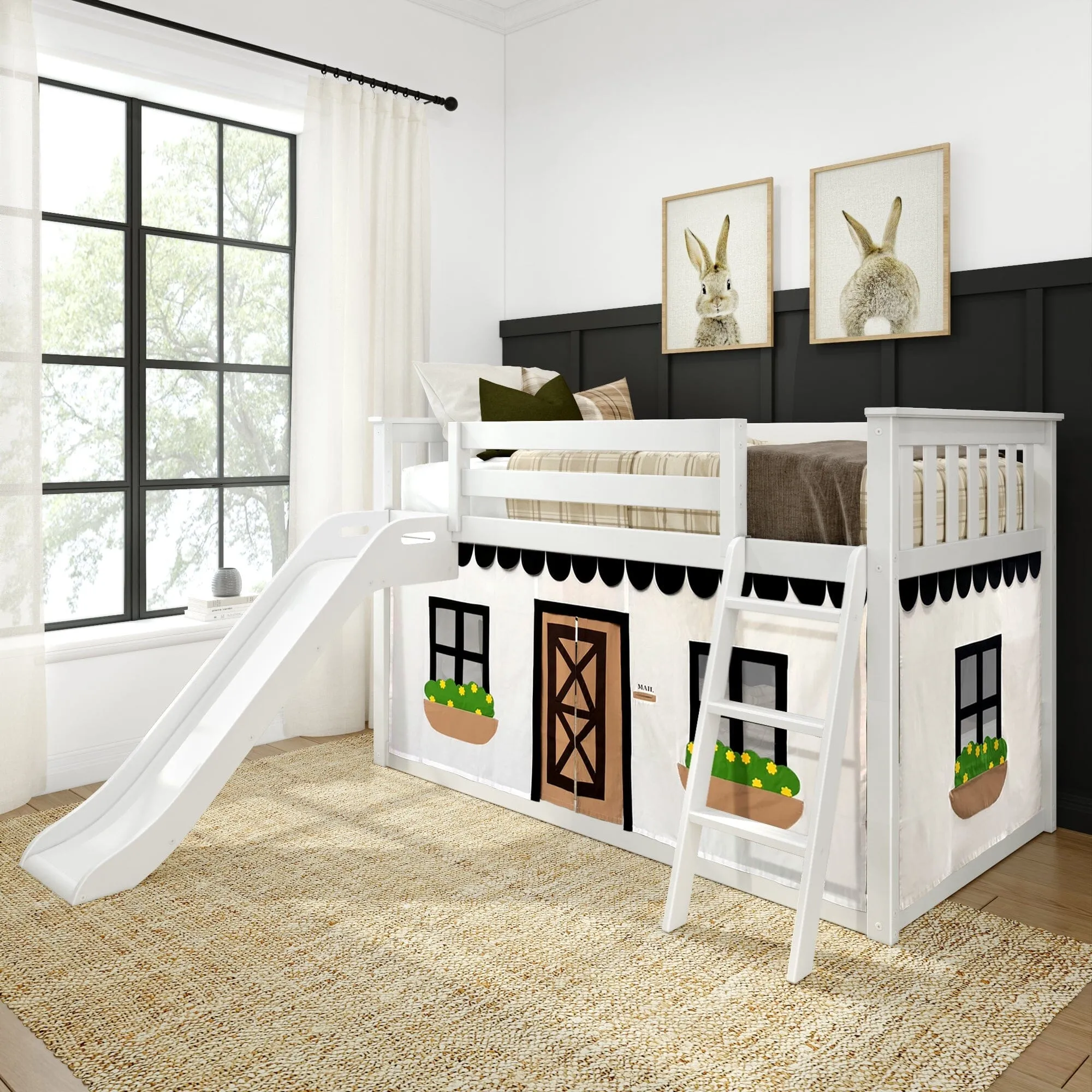 Twin Over Twin Low Bunk Bed with Easy Slide & Black & White Farmhouse Curtain