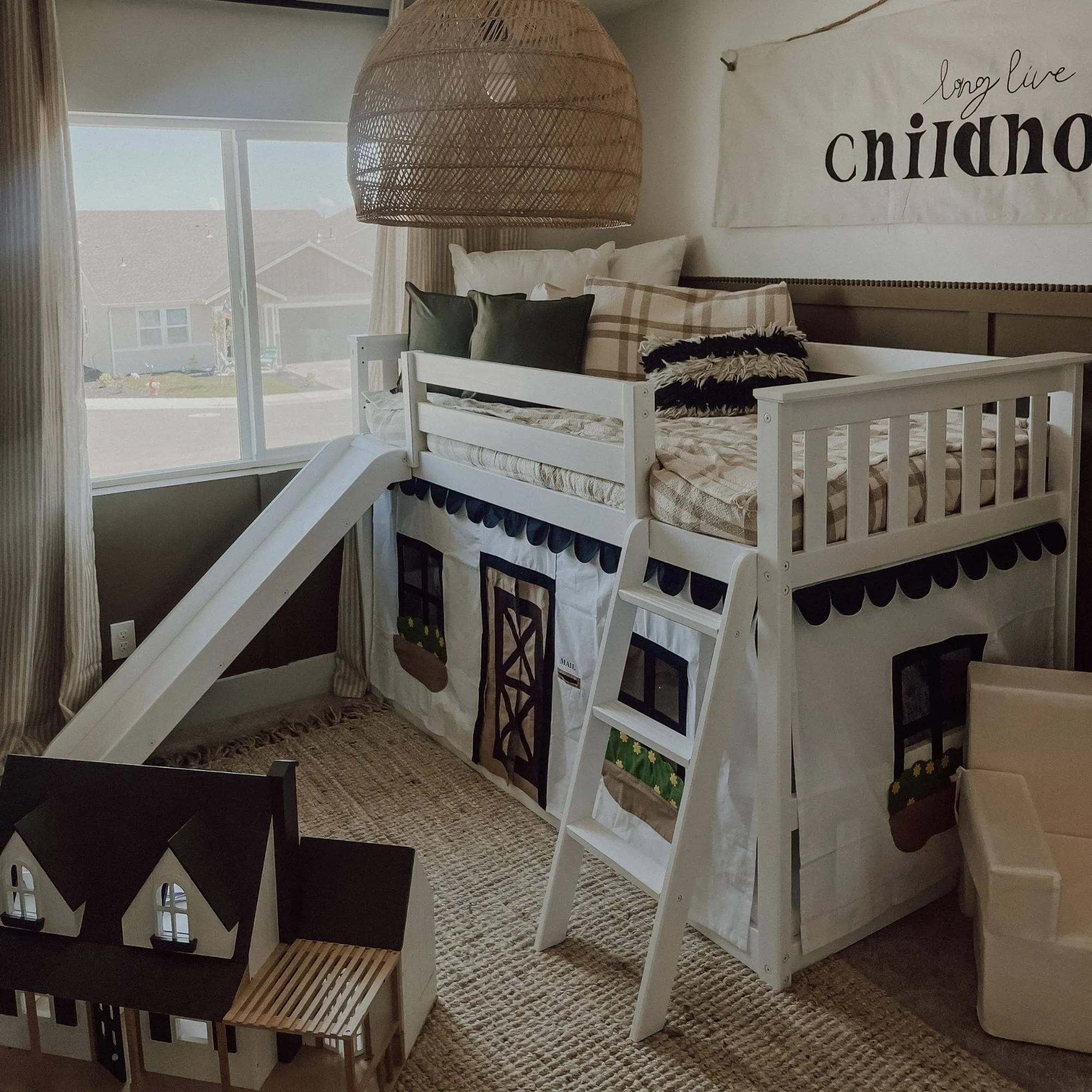 Twin Over Twin Low Bunk Bed with Easy Slide & Black & White Farmhouse Curtain