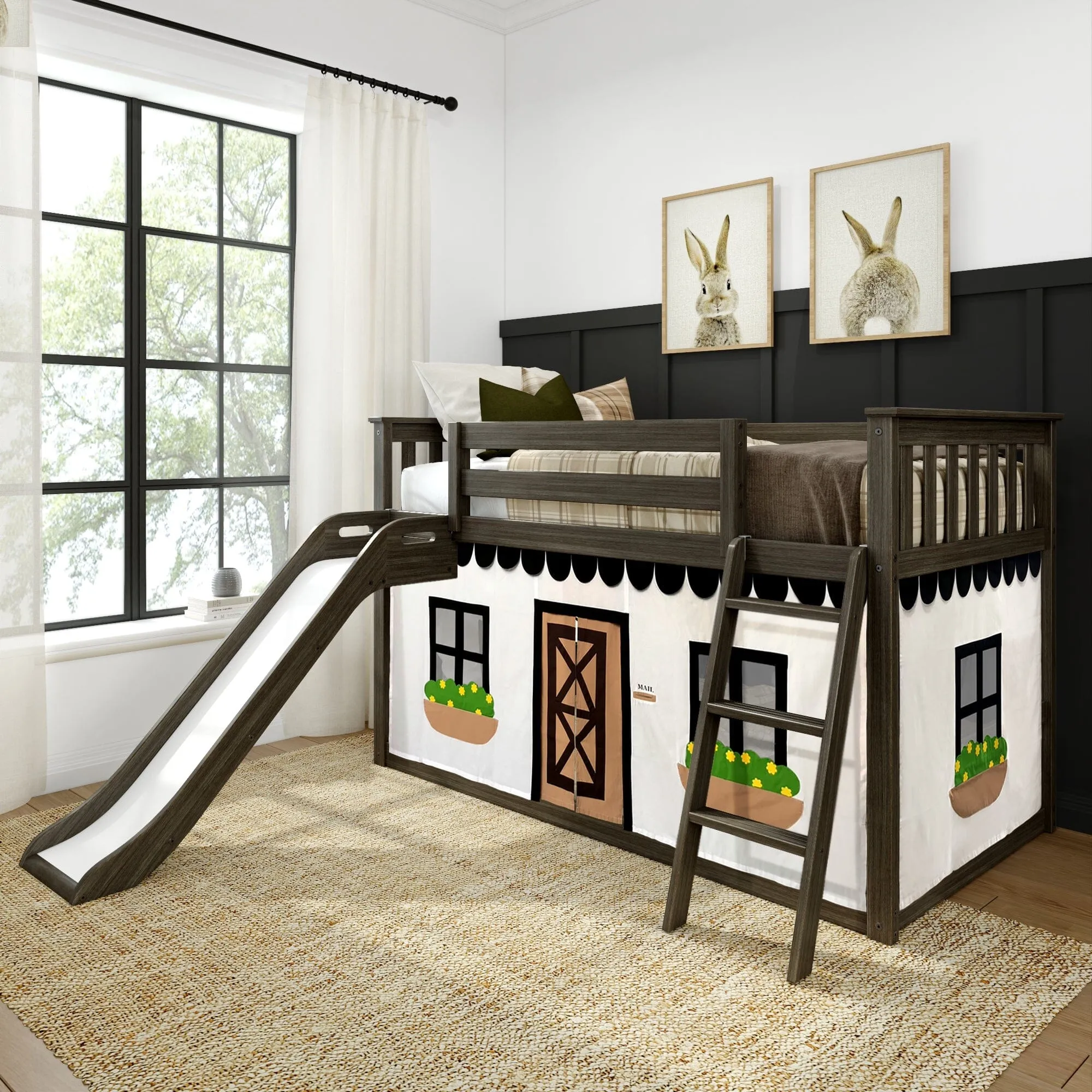 Twin Over Twin Low Bunk Bed with Easy Slide & Black & White Farmhouse Curtain