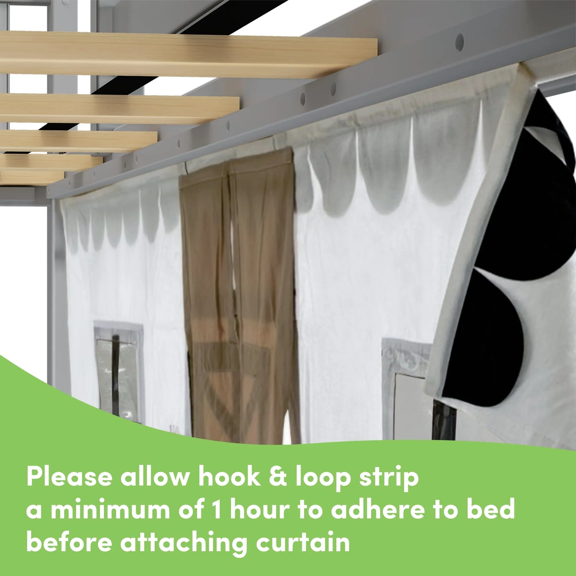 Twin Over Twin Low Bunk Bed with Easy Slide & Black & White Farmhouse Curtain