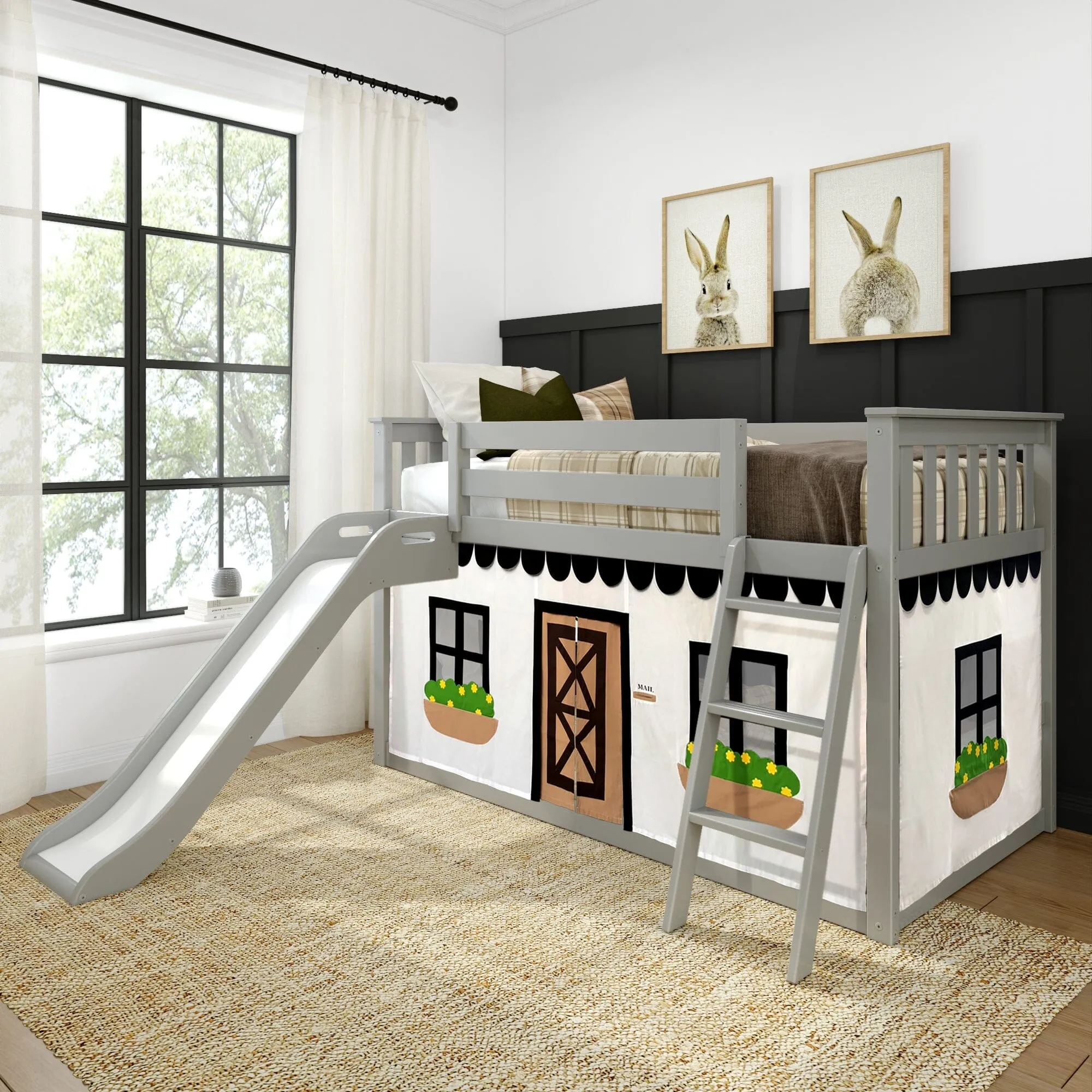 Twin Over Twin Low Bunk Bed with Easy Slide & Black & White Farmhouse Curtain
