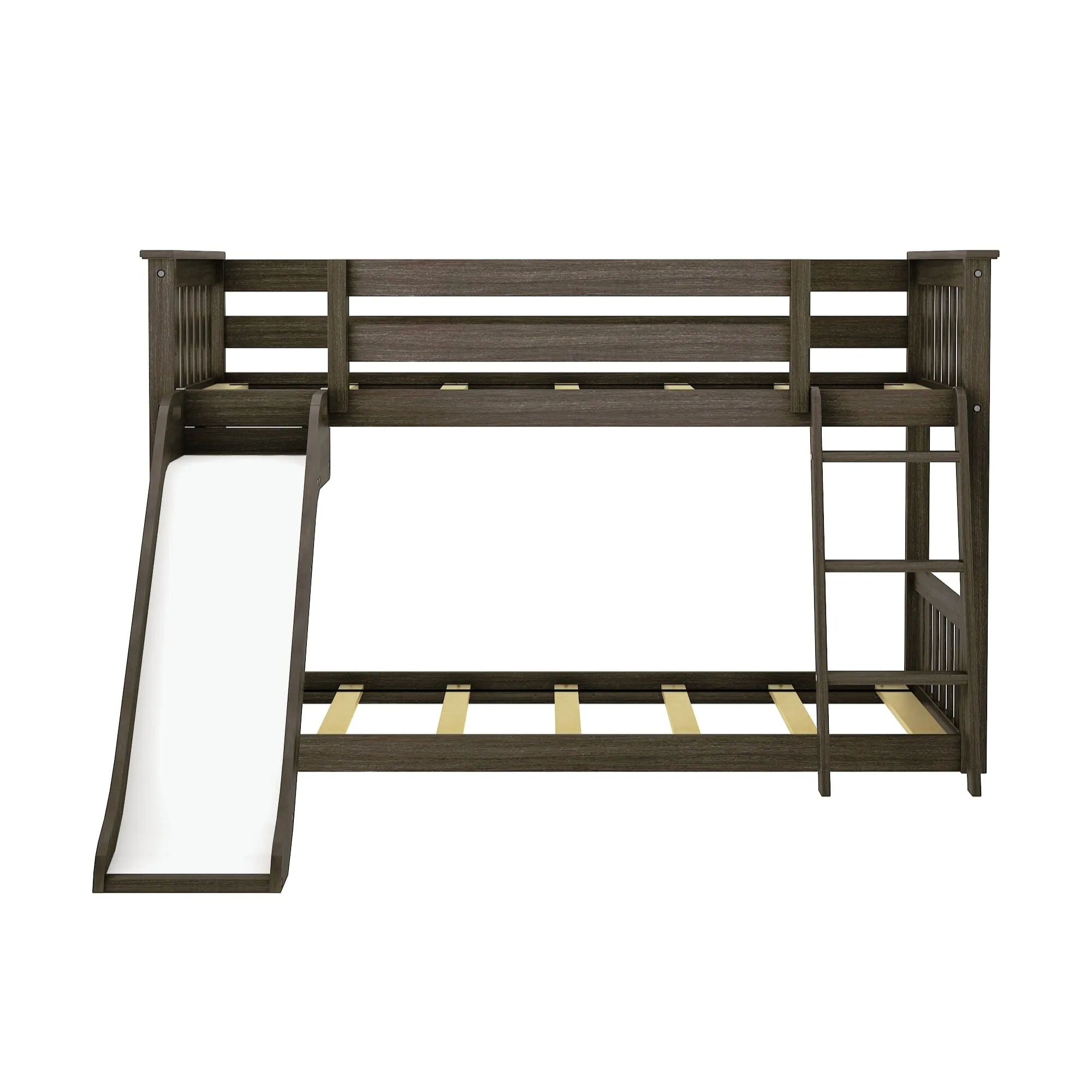 Twin Over Twin Low Bunk Bed with Easy Slide & Black & White Farmhouse Curtain