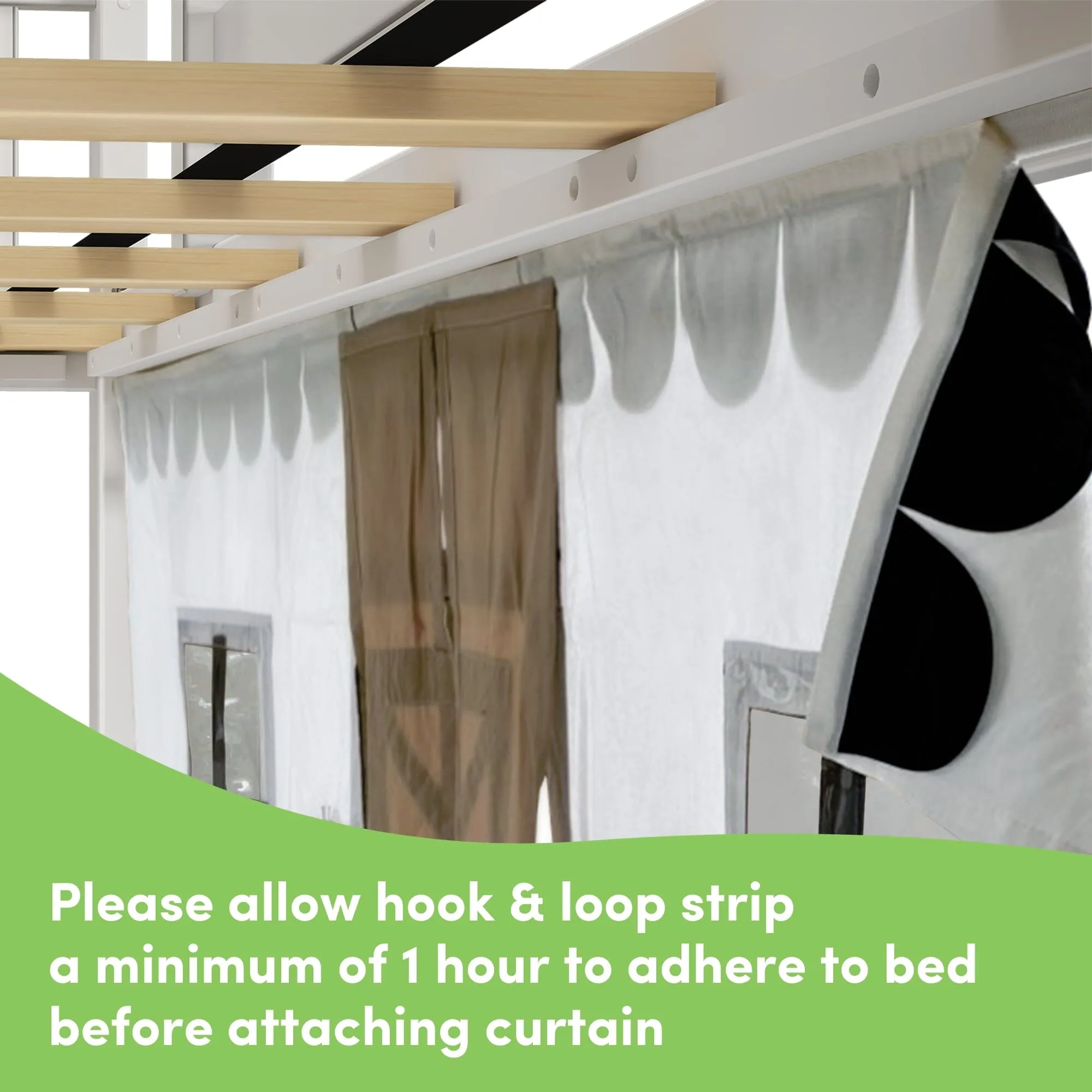 Twin Over Twin Low Bunk Bed with Easy Slide & Black & White Farmhouse Curtain