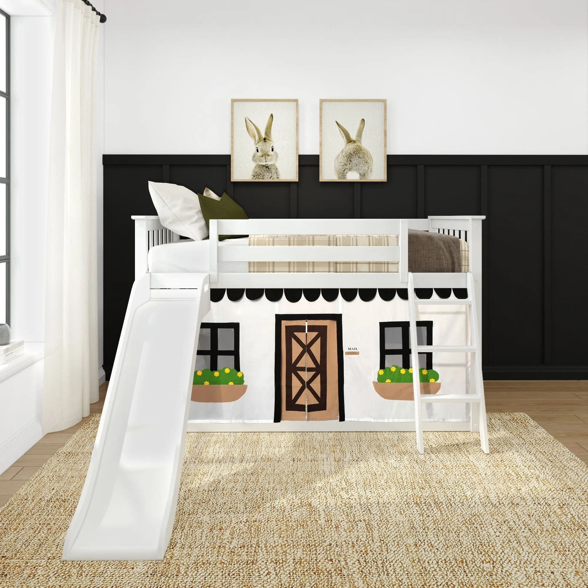 Twin Over Twin Low Bunk Bed with Easy Slide & Black & White Farmhouse Curtain