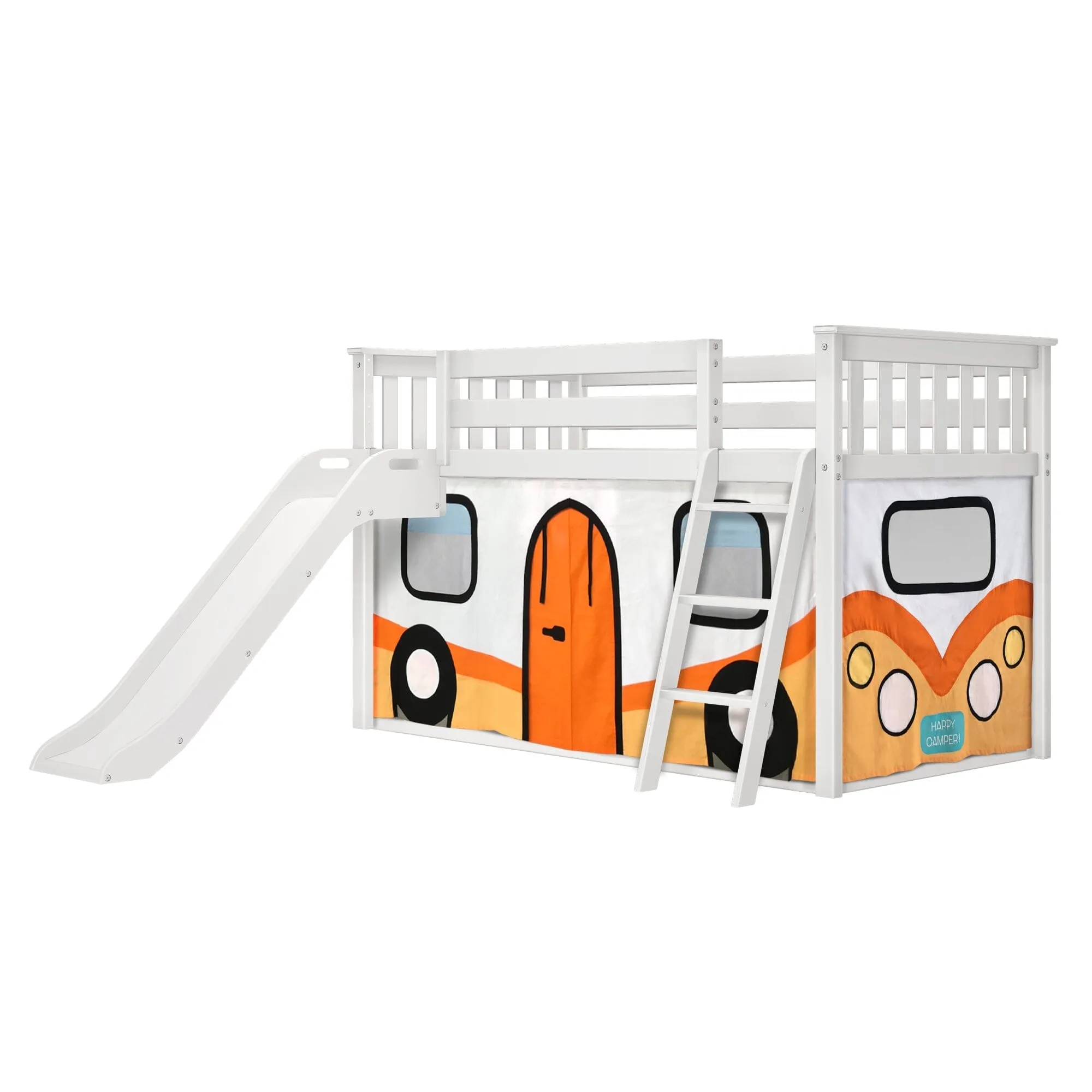 Twin Over Twin Low Bunk Bed with Easy Slide & Camper Van Curtain