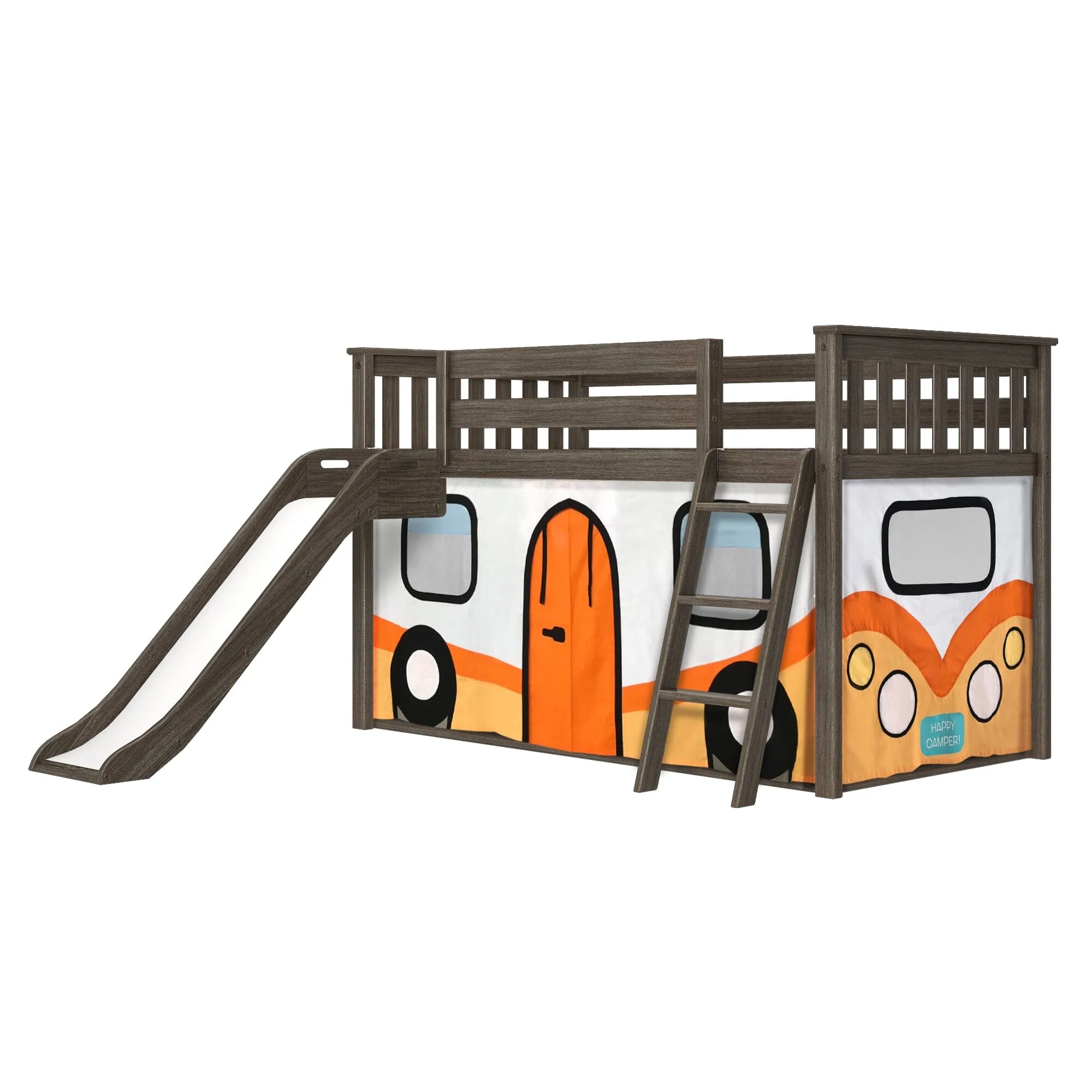 Twin Over Twin Low Bunk Bed with Easy Slide & Camper Van Curtain