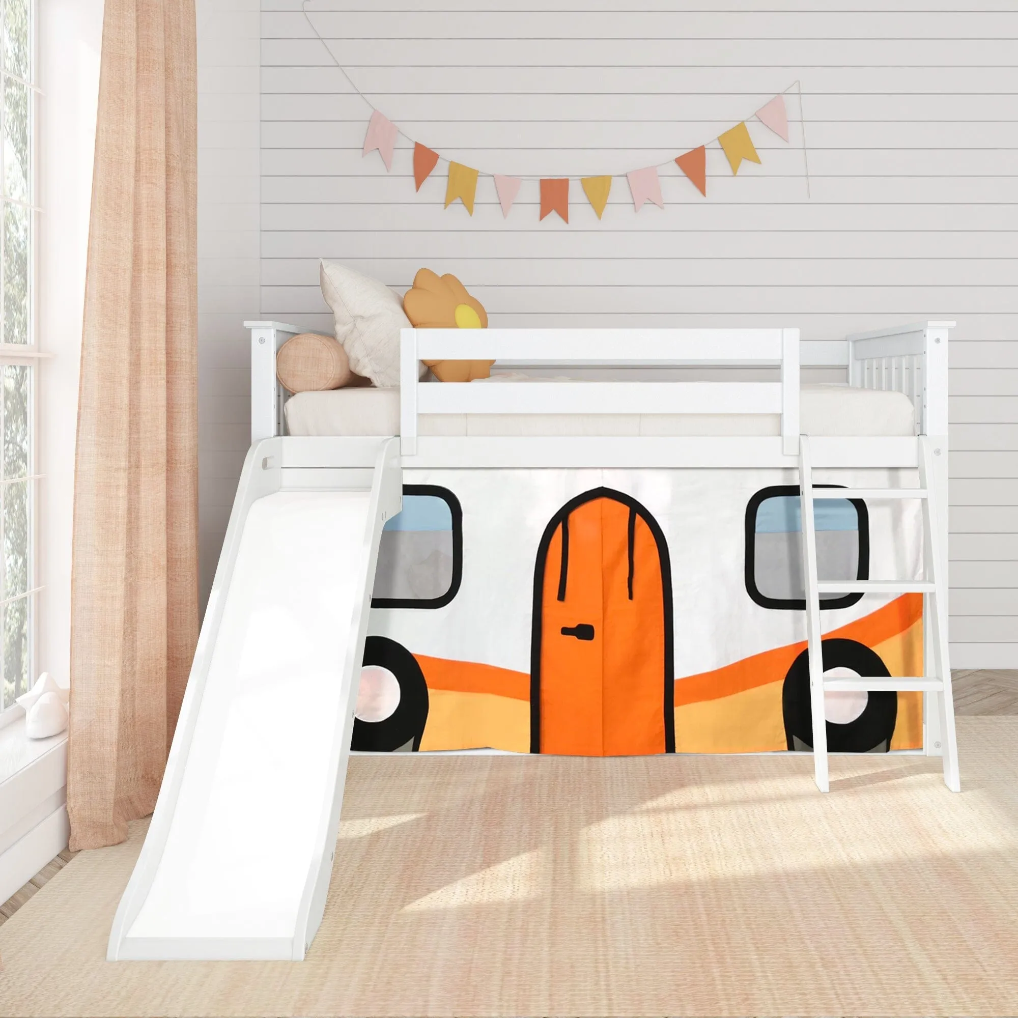 Twin Over Twin Low Bunk Bed with Easy Slide & Camper Van Curtain