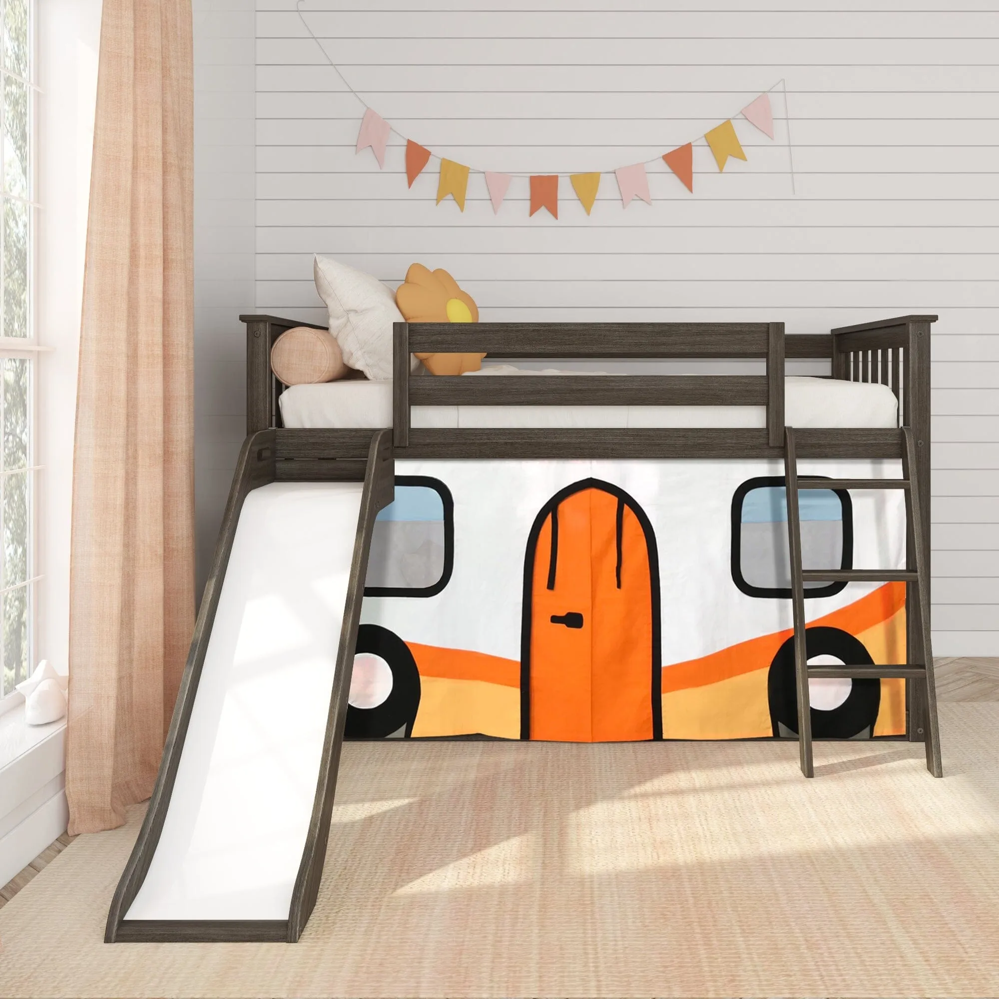 Twin Over Twin Low Bunk Bed with Easy Slide & Camper Van Curtain