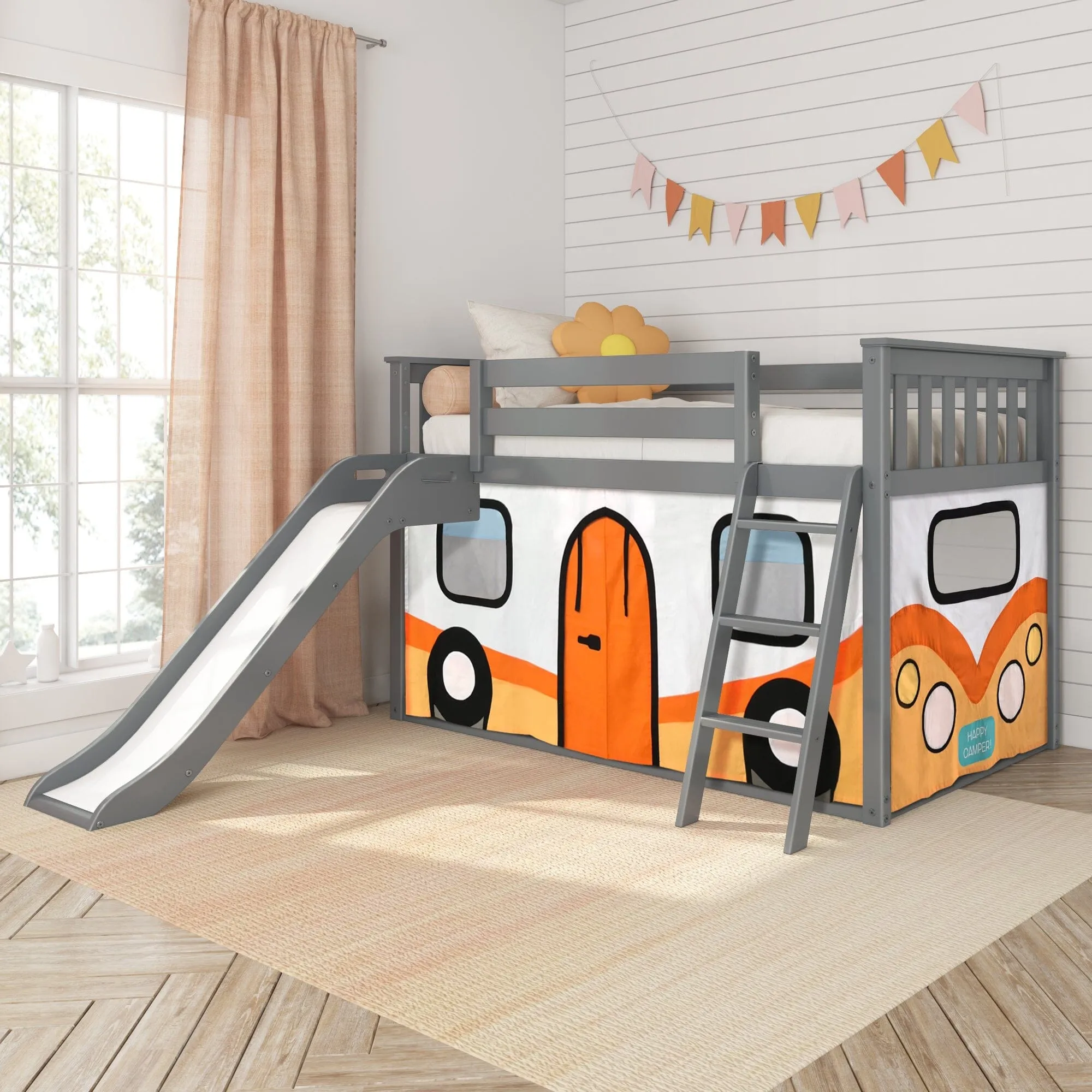 Twin Over Twin Low Bunk Bed with Easy Slide & Camper Van Curtain