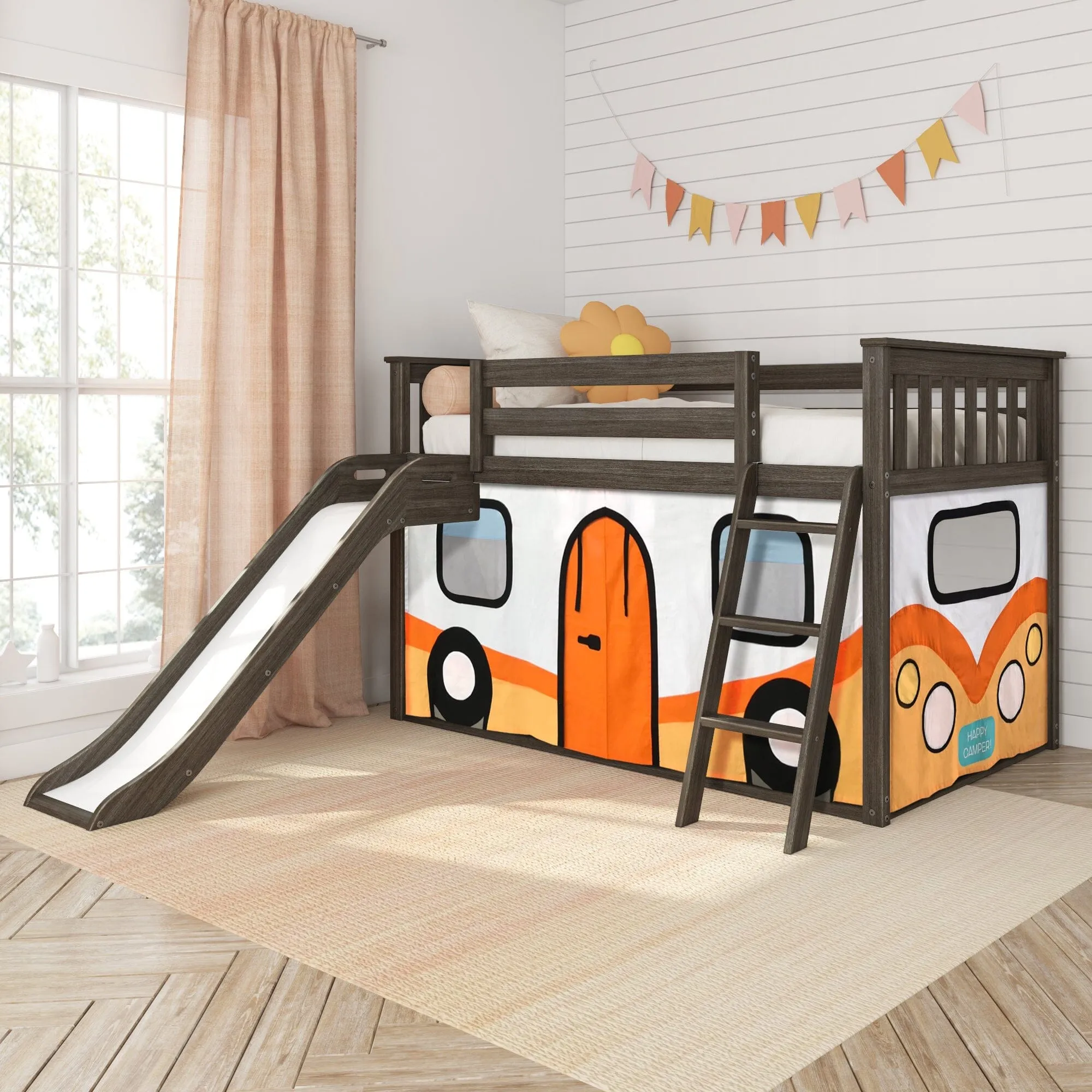 Twin Over Twin Low Bunk Bed with Easy Slide & Camper Van Curtain