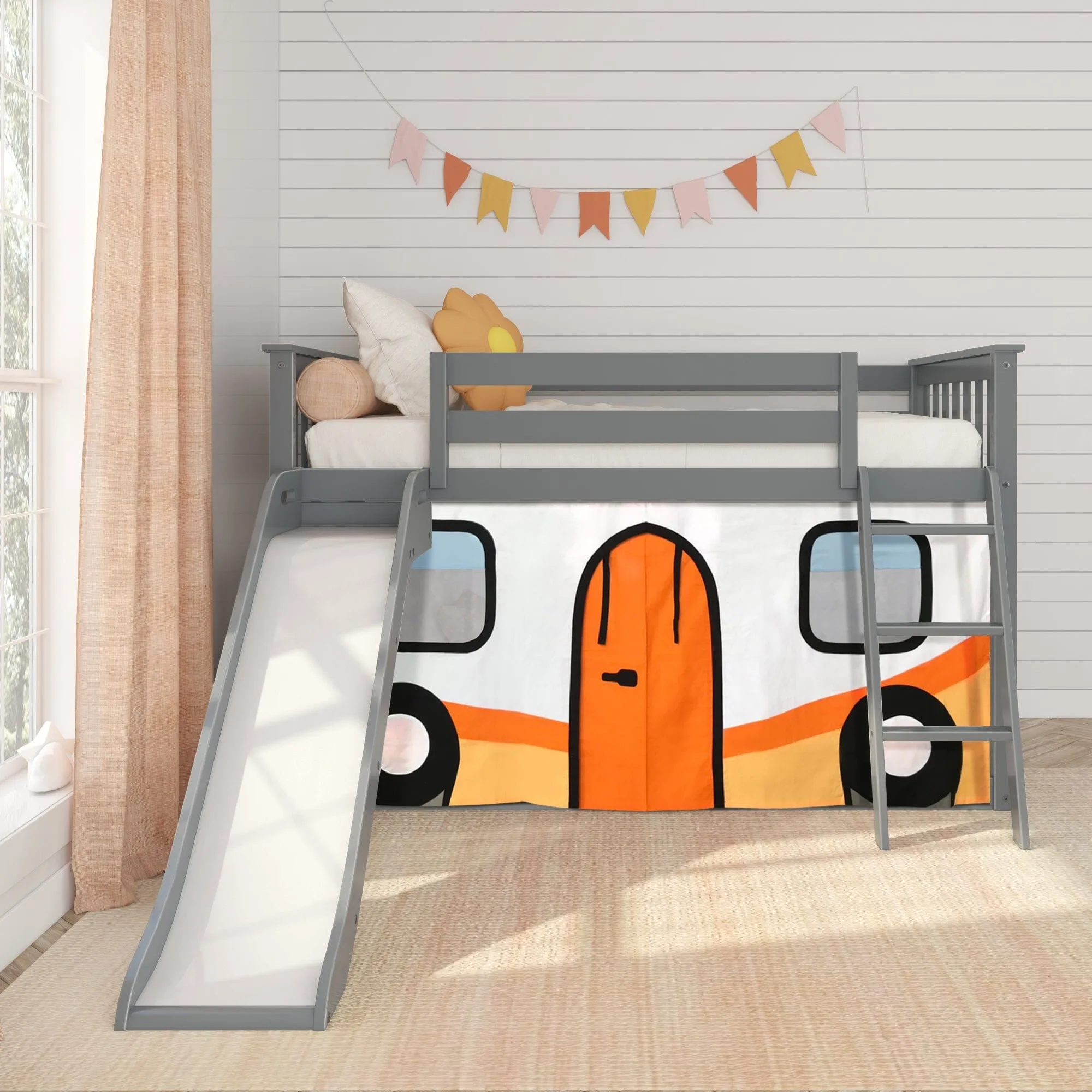 Twin Over Twin Low Bunk Bed with Easy Slide & Camper Van Curtain